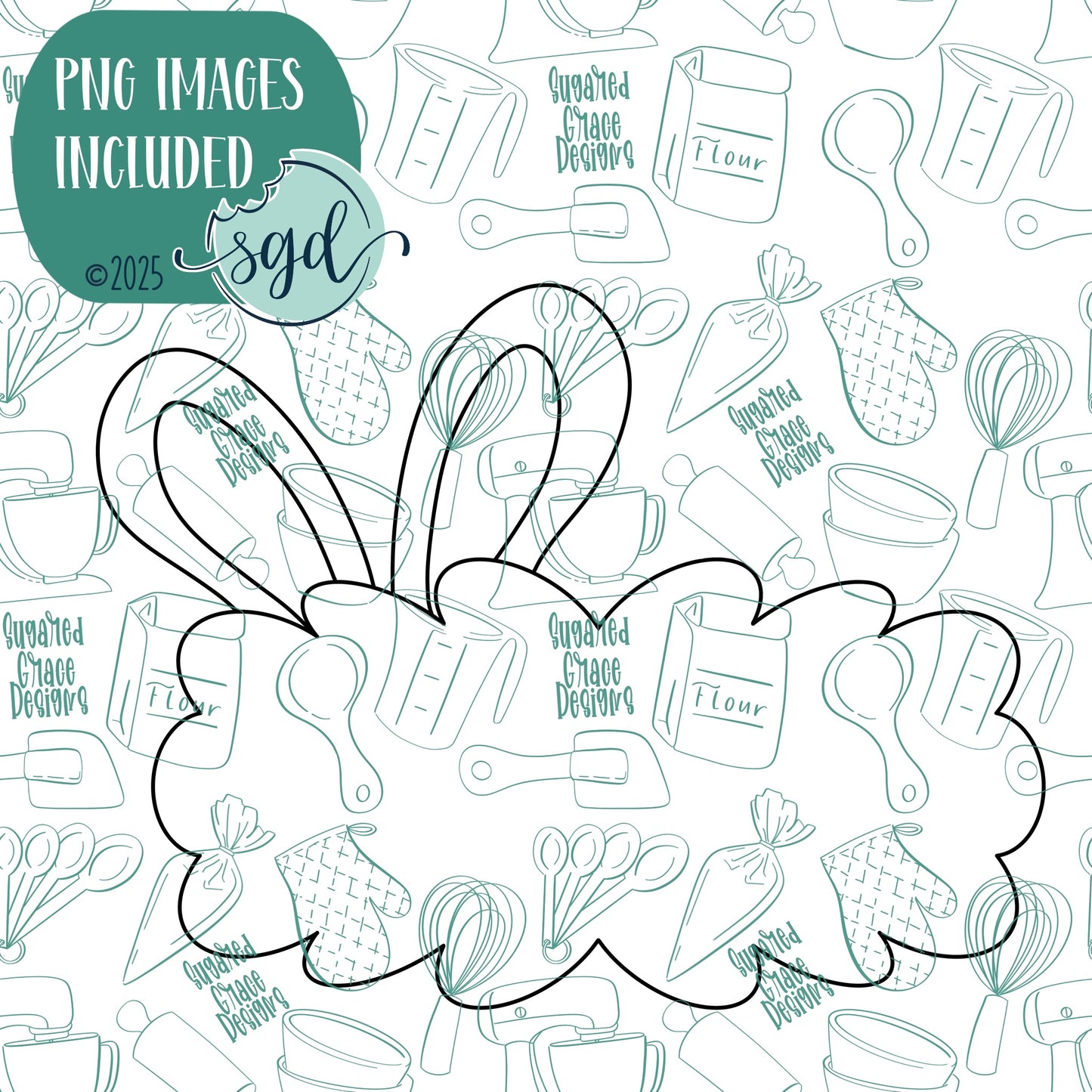 Bunny Ear Lacey Plaque Cookie Cutter with PNG Images to Match - Hand Drawn Graphics for Edible Ink Printers