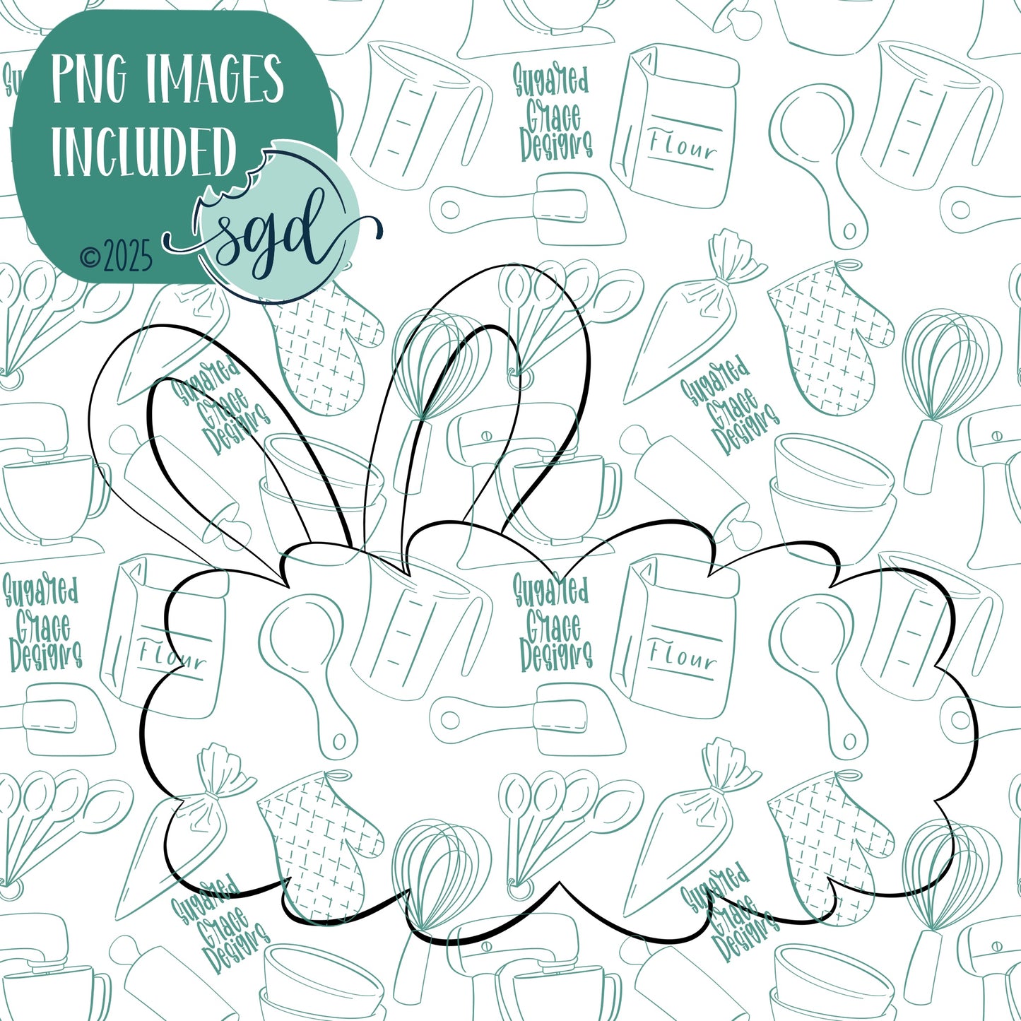 Bunny Ear Lacey Plaque Cookie Cutter with PNG Images to Match - Hand Drawn Graphics for Edible Ink Printers
