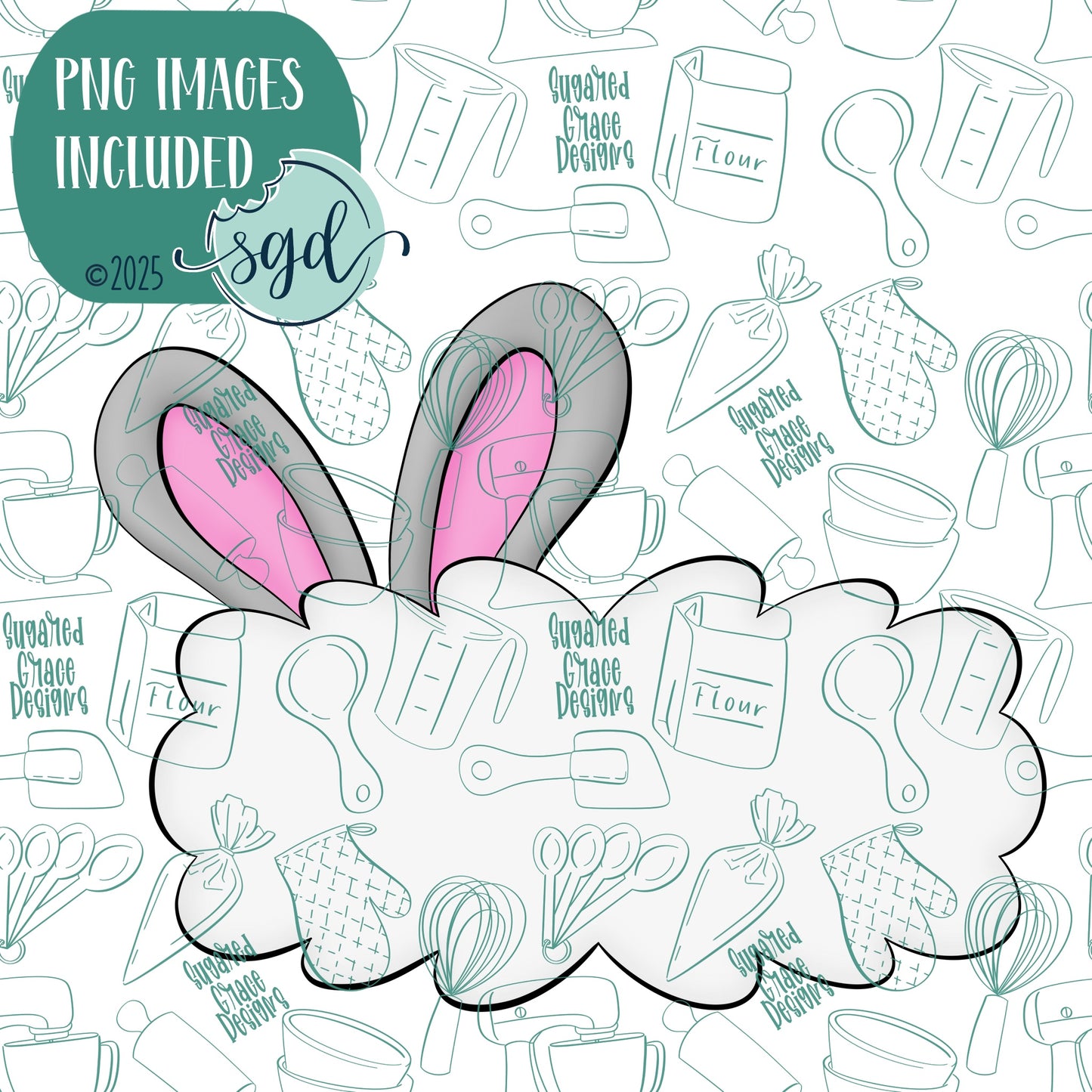 Bunny Ear Lacey Plaque Cookie Cutter with PNG Images to Match - Hand Drawn Graphics for Edible Ink Printers