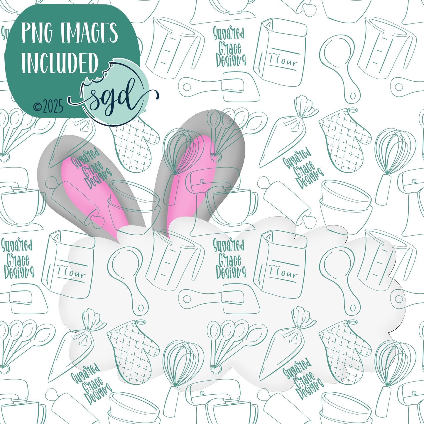 Bunny Ear Lacey Plaque Cookie Cutter with PNG Images to Match - Hand Drawn Graphics for Edible Ink Printers