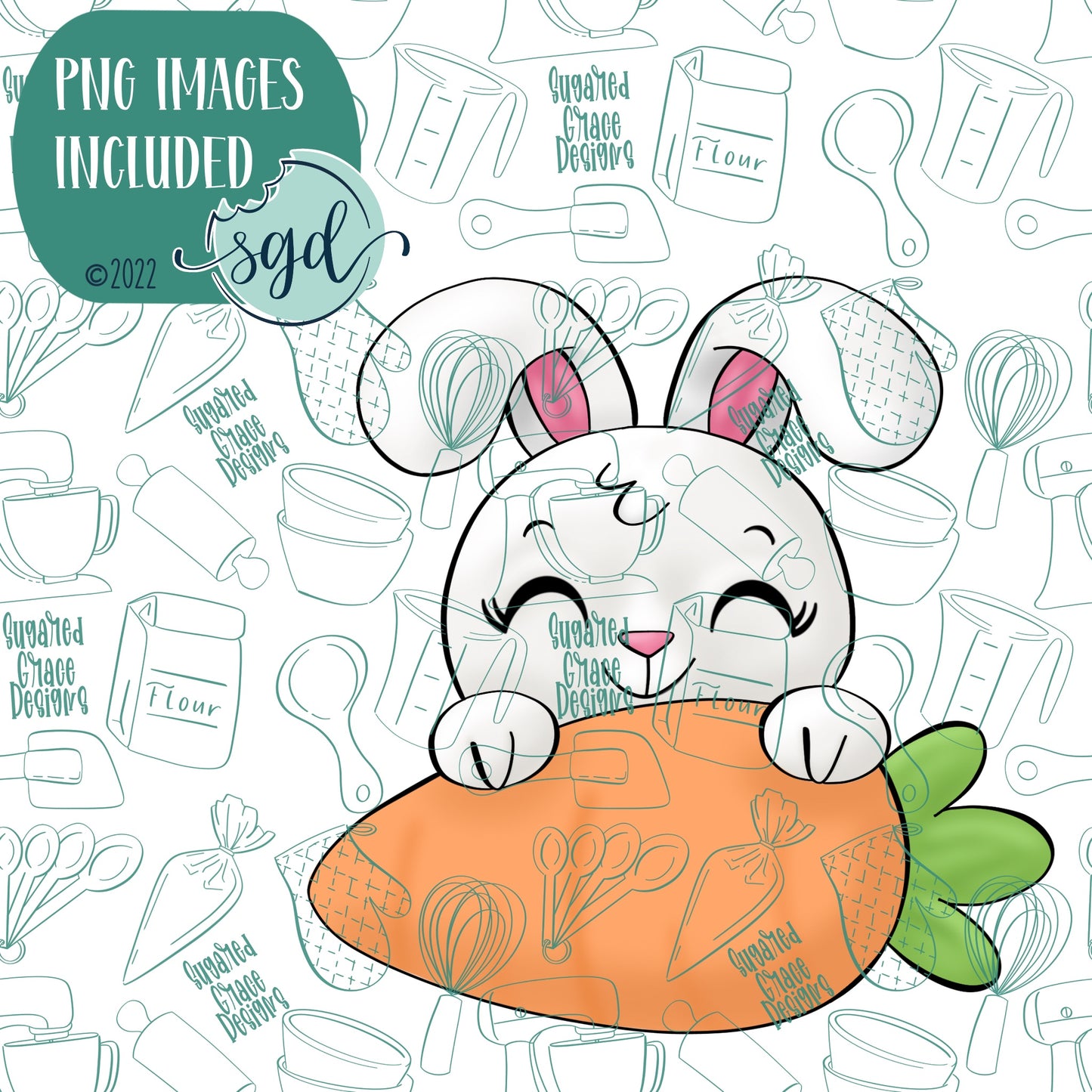 Easter Bunny Carrot Plaque Cookie Cutter with PNG Images to Match - Hand Drawn Graphics for Edible Ink Printers