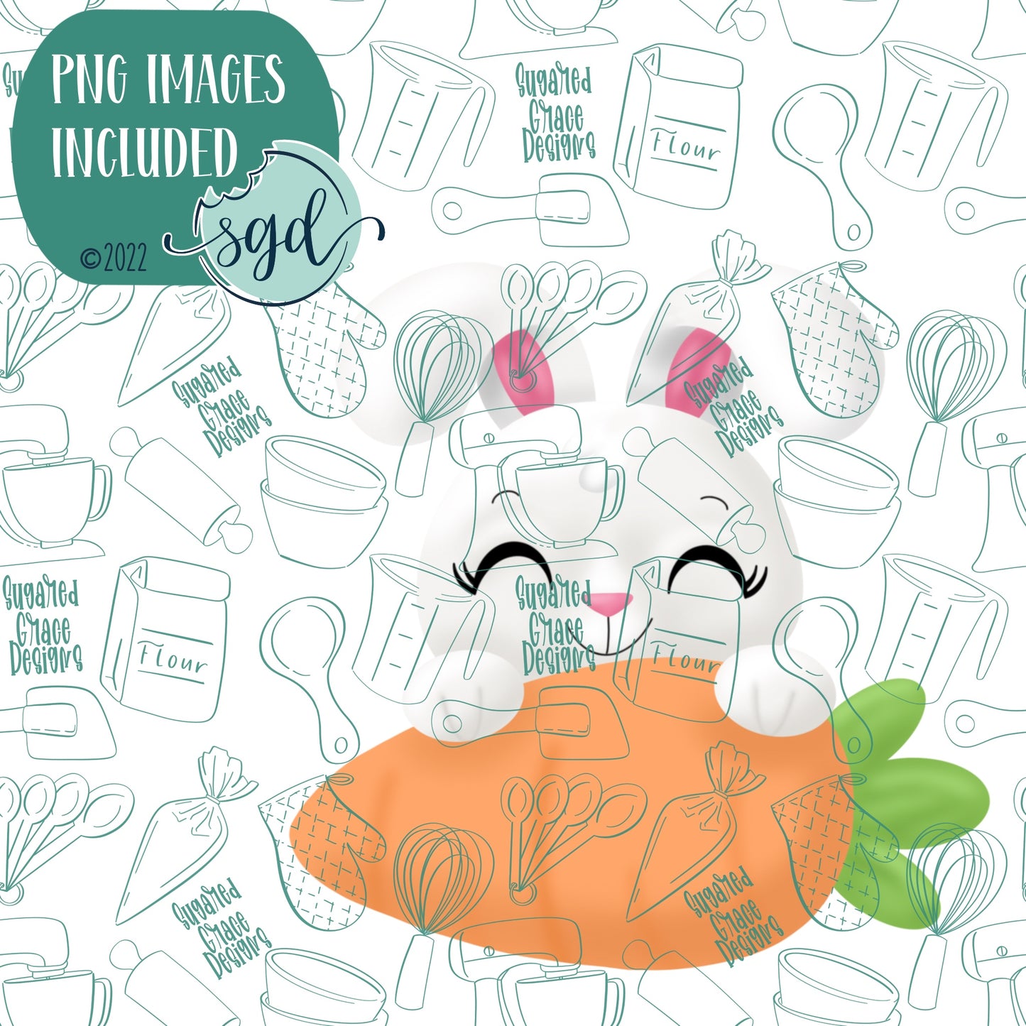 Easter Bunny Carrot Plaque Cookie Cutter with PNG Images to Match - Hand Drawn Graphics for Edible Ink Printers