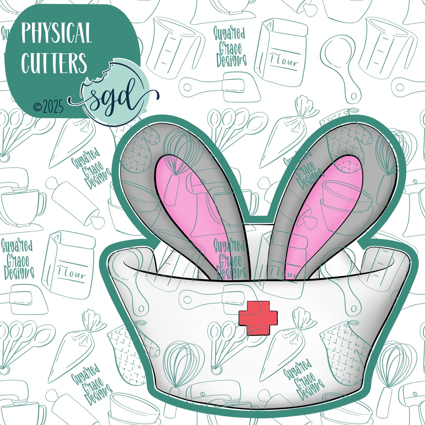 Bunny Nurse Cap Cookie Cutter with PNG Images to Match - Hand Drawn Graphics for Edible Ink Printers