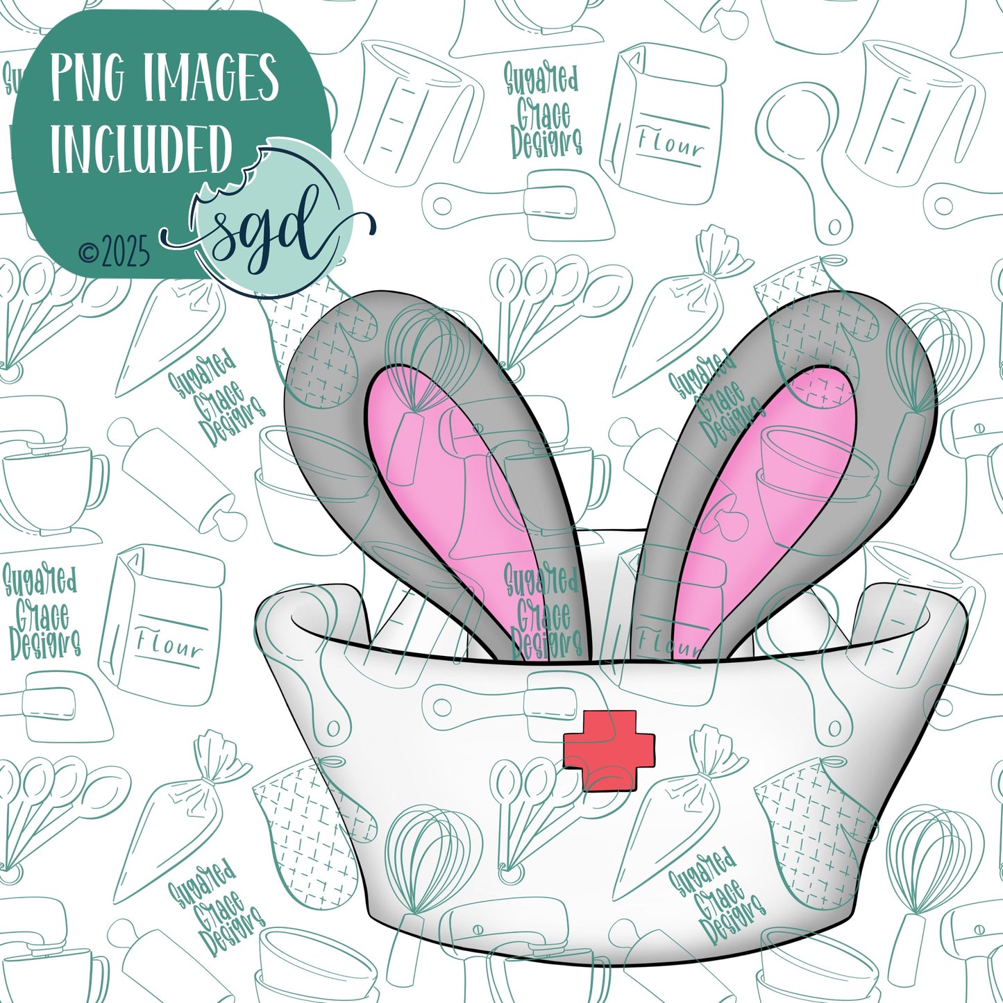 Bunny Nurse Cap Cookie Cutter with PNG Images to Match - Hand Drawn Graphics for Edible Ink Printers