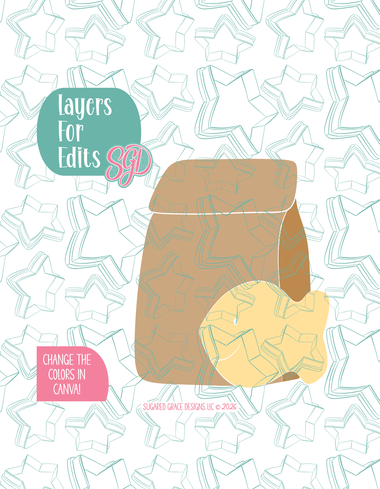 Black line outline drawing of the Goldfish Lunch displayed on a background watermarked with Sugared Grace Designs’ teal star pattern