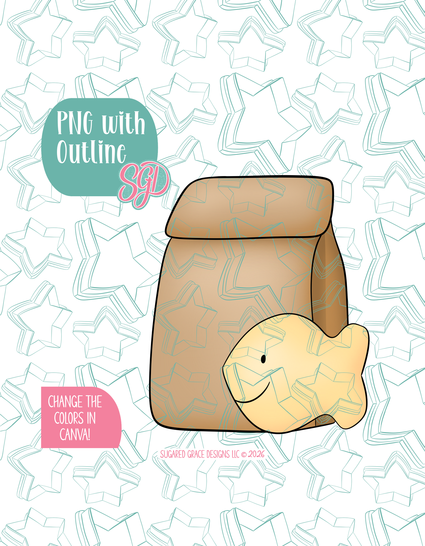 Full color illustrated Goldfish Lunch, shown with a black outline on a background watermarked with Sugared Grace Designs’ teal star pattern