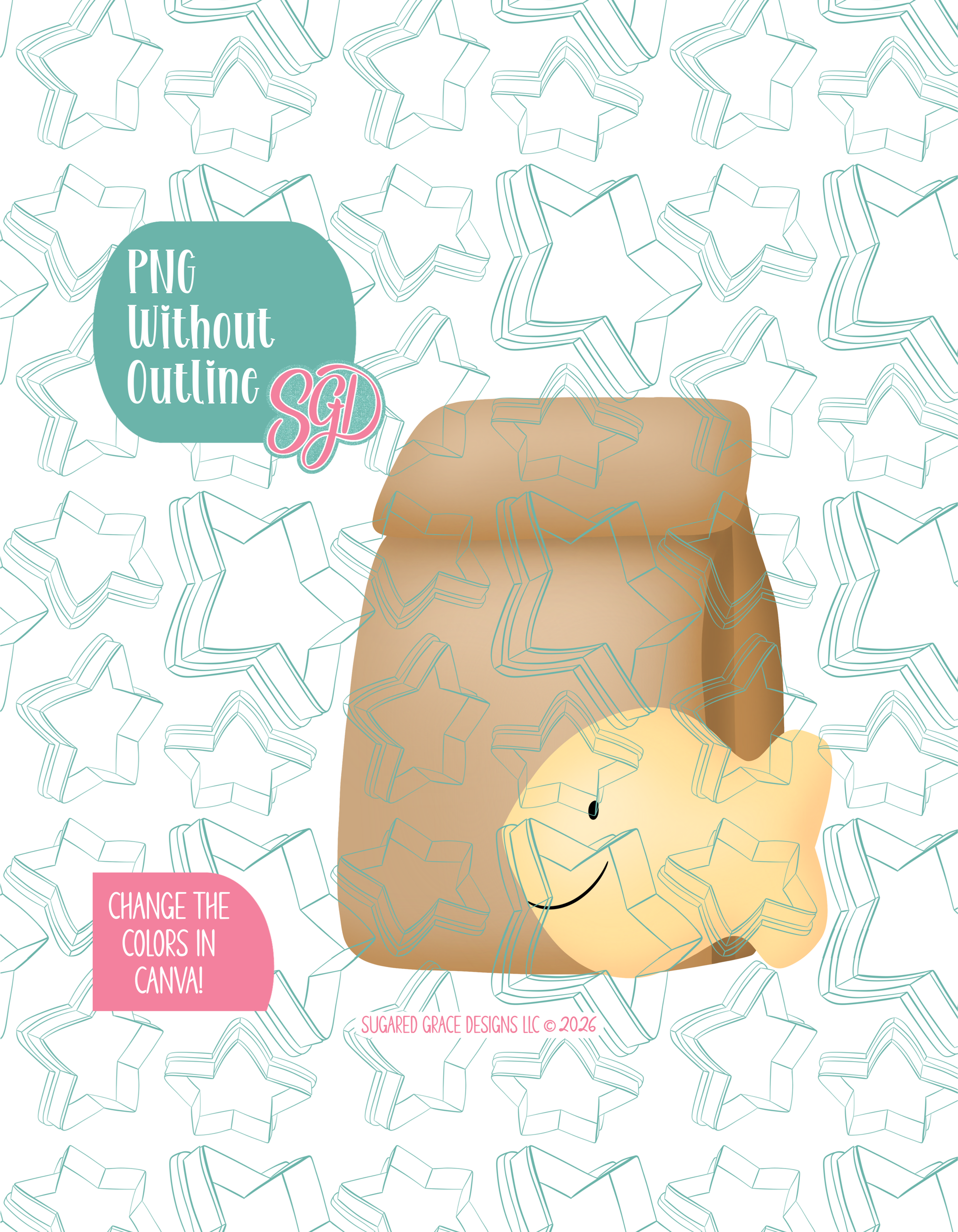 Full color version of the illustrated Goldfish Lunch, shown without black outlines on a background watermarked with Sugared Grace Designs’ tag star pattern