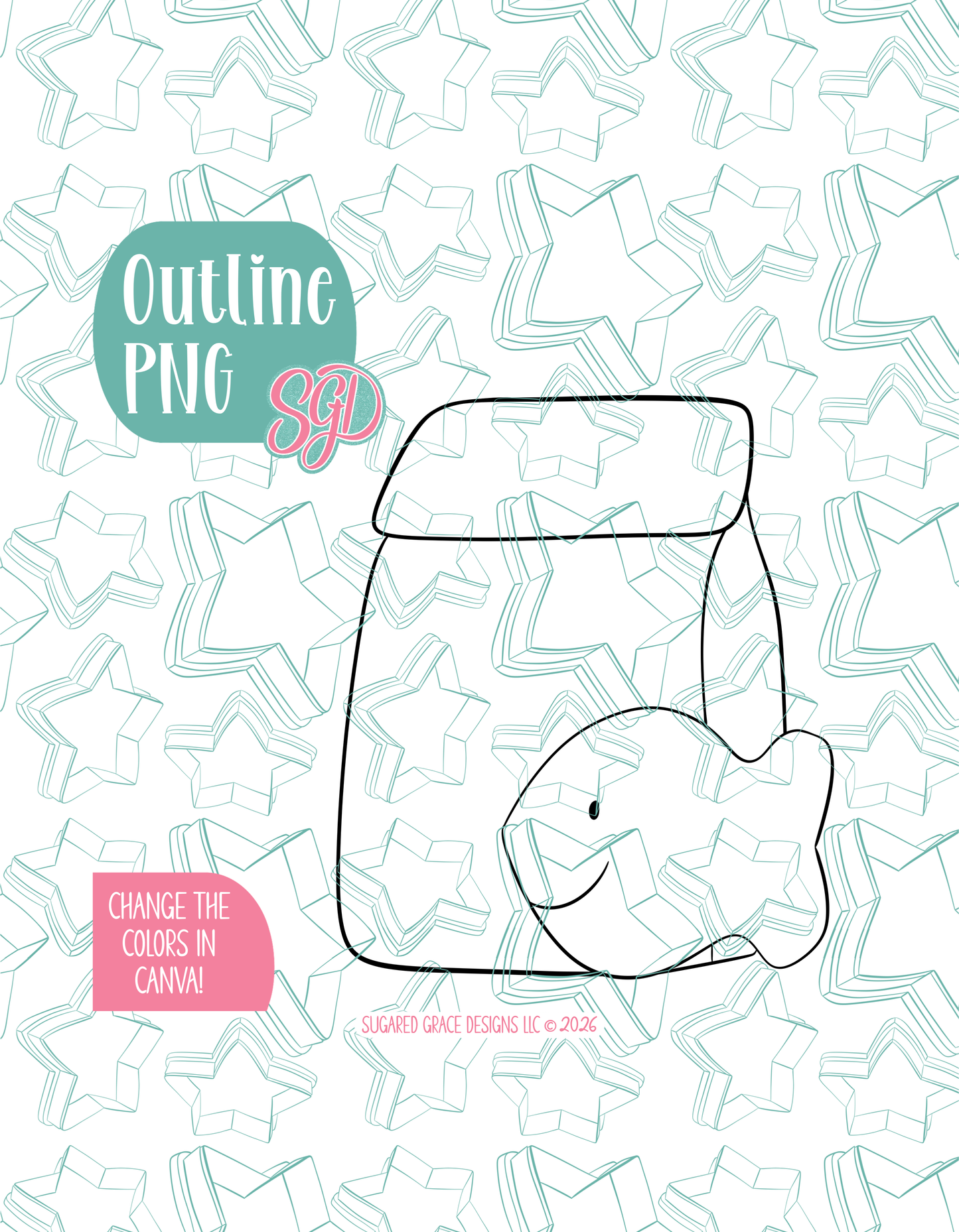 Black line outline drawing of the Goldfish Lunch displayed on a background watermarked with Sugared Grace Designs’ teal star pattern