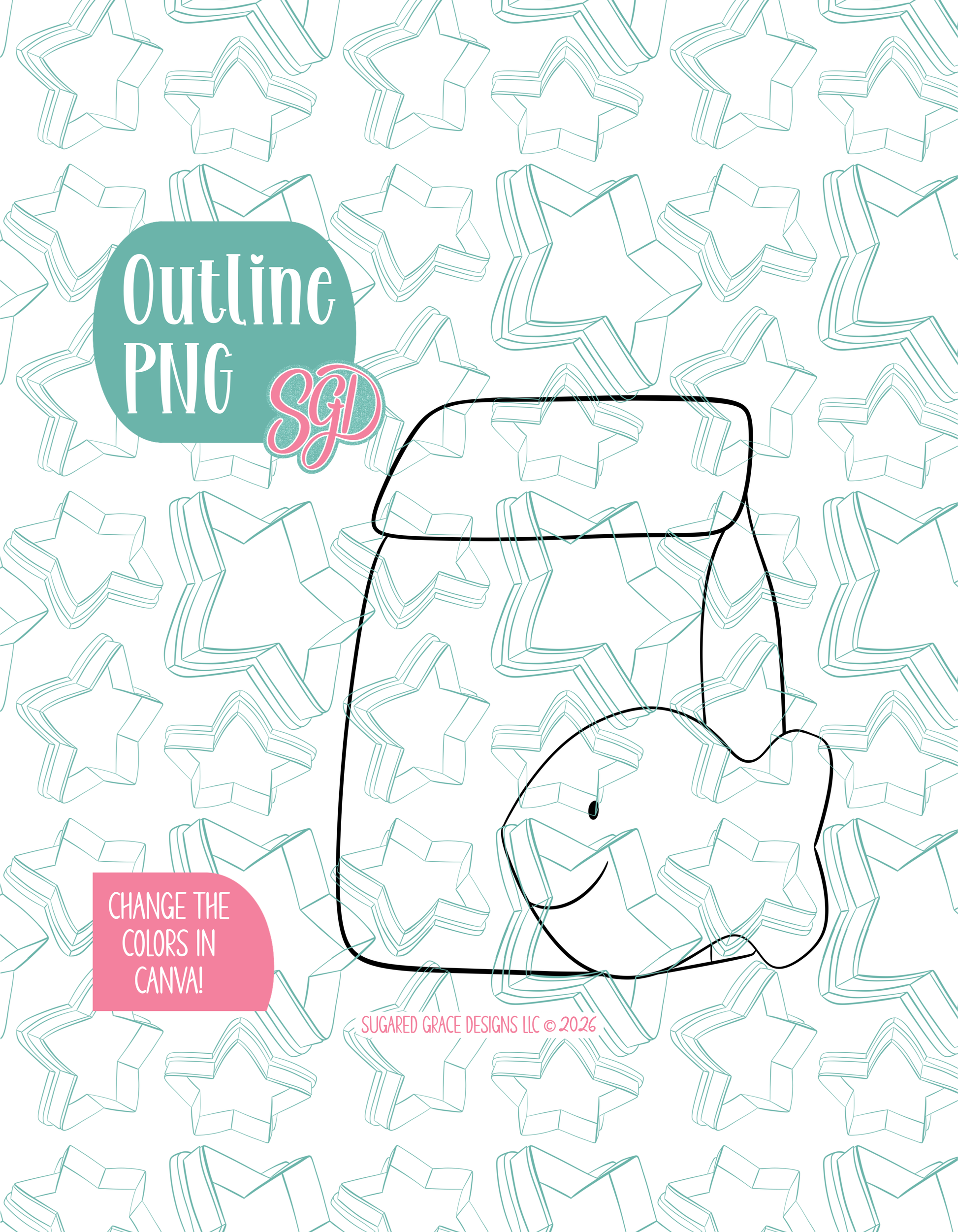 Black line outline drawing of the Goldfish Lunch displayed on a background watermarked with Sugared Grace Designs’ teal star pattern