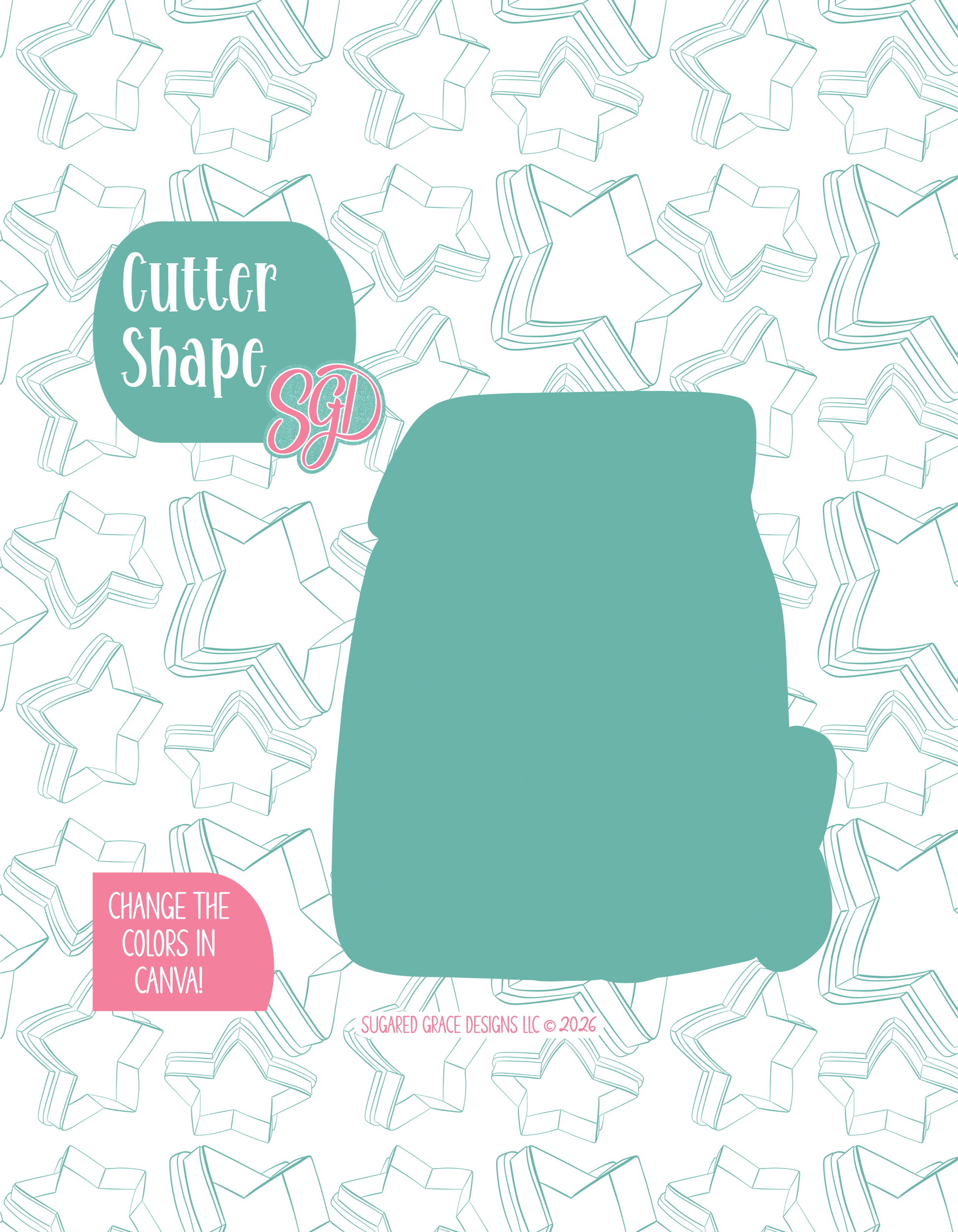 Black line outline drawing of the Goldfish Lunch displayed on a background watermarked with Sugared Grace Designs’ teal star pattern