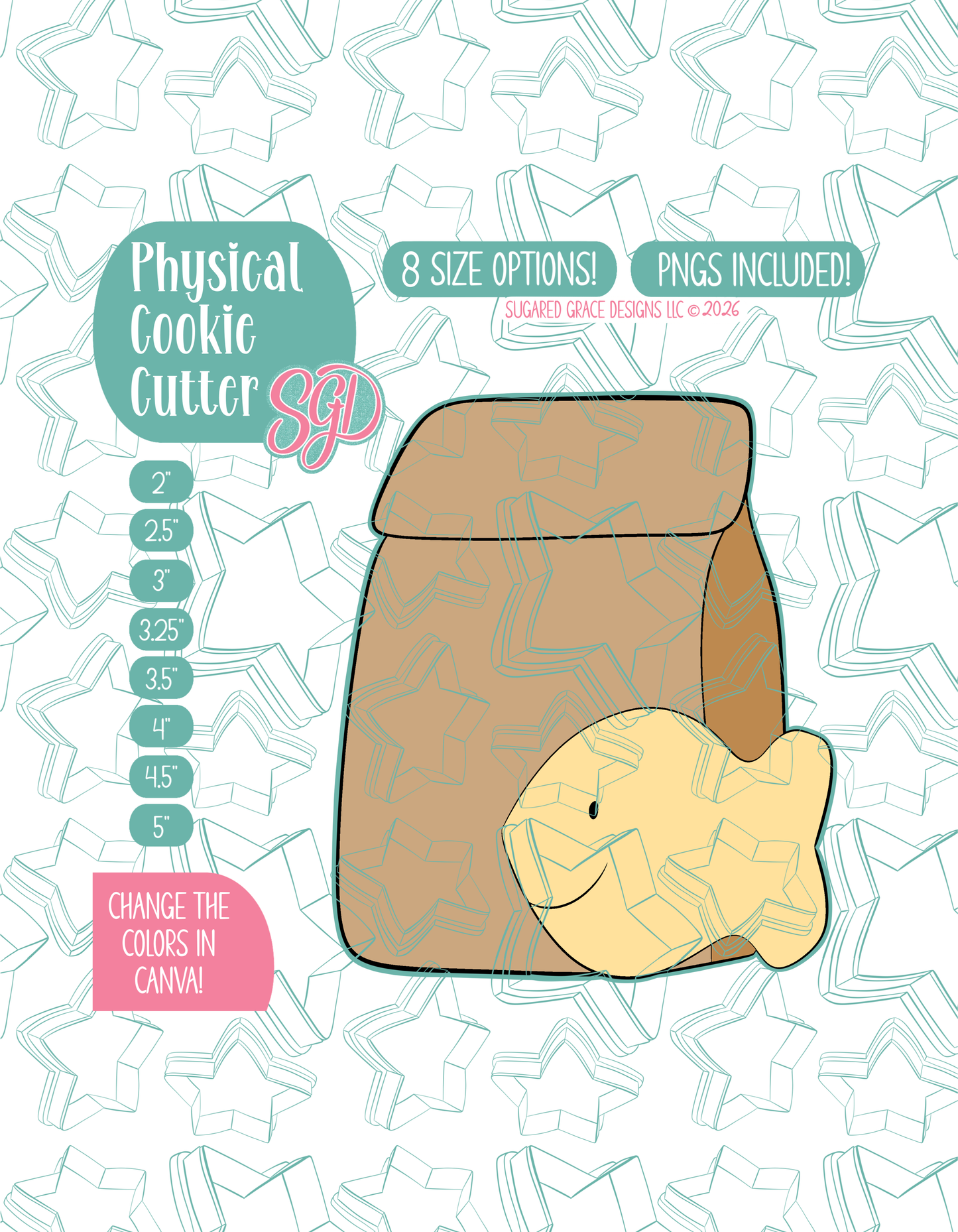 Illustrated Goldfish cracker and brown bag lunch, displayed on a background watermarked with a teal star pattern representing Sugared Grace Design’s brand. Text explains that the listing includes a Goldfish Lunch STL cookie cutter in multiple sizes plus editable PNG files.