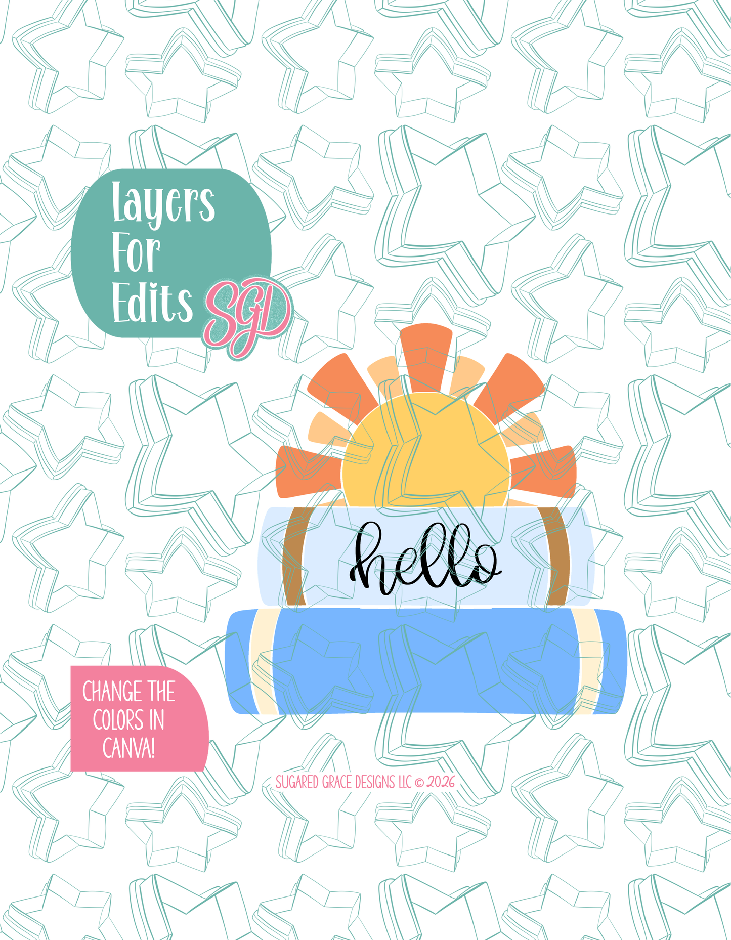Colored layer breakdown of the book plaque showing each section in a different color, with every color representing a separate editable layer in Canva. Displayed on a background watermarked with Sugared Grace Designs’ teal star pattern