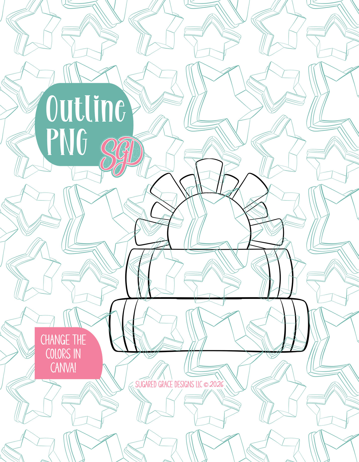 Black line outline drawing of the book plaque, displayed on a background watermarked with Sugared Grace Designs’ teal star pattern
