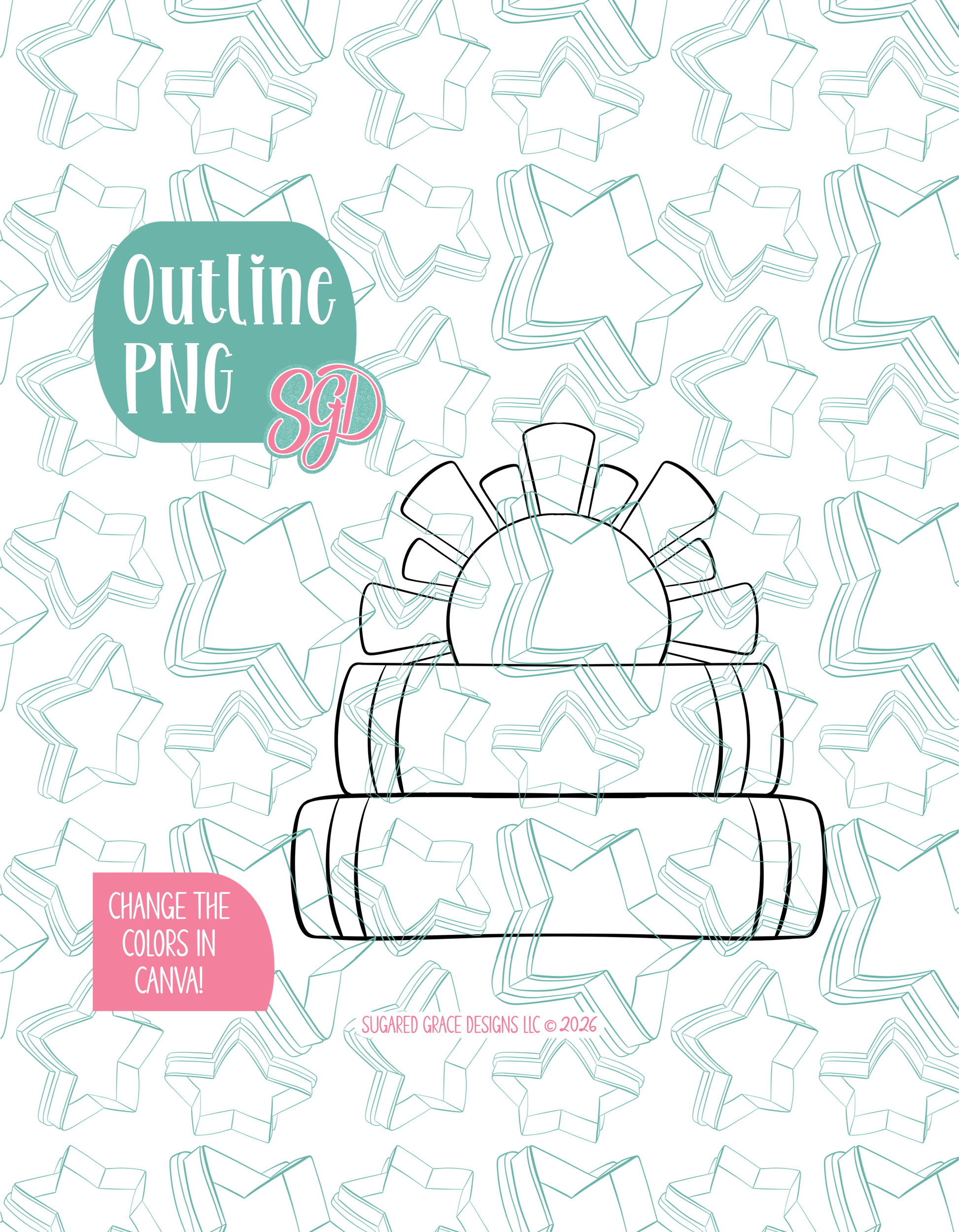 Black line outline drawing of the book plaque, displayed on a background watermarked with Sugared Grace Designs’ teal star pattern