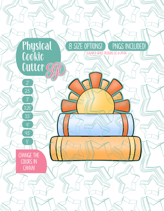Illustrated stack of books with a sun peaking out from behind, displayed on a background watermarked with a teal star pattern representing Sugared Grace Design’s brand. Text explains that the listing includes the book plaque STL cookie cutter in multiple sizes plus editable PNG files.