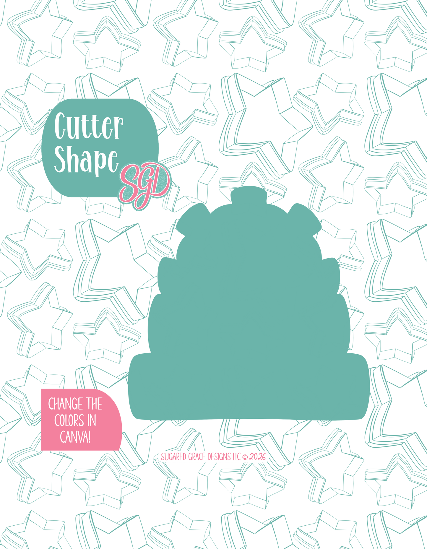 Solid teal silhouette showing the exact outer shape of the book plaque cookie cutter, displayed on a background watermarked with Sugared Grace Design’s teal star pattern