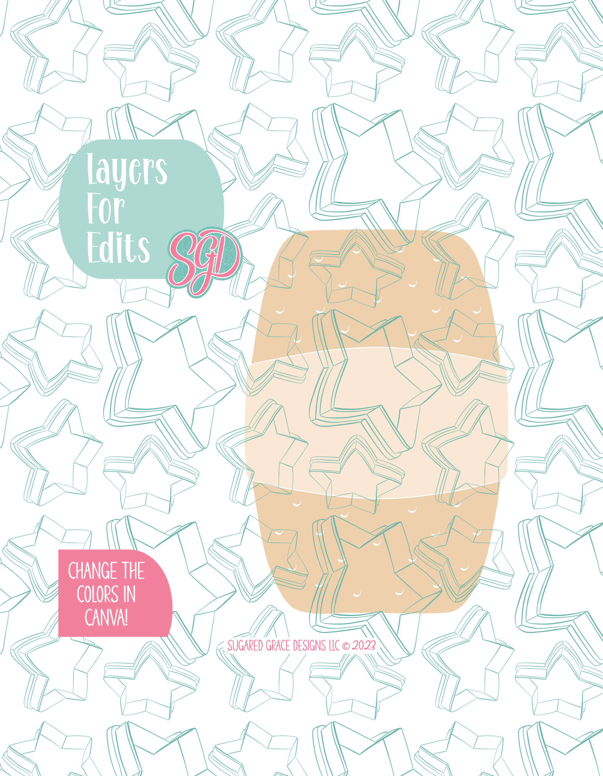 Colored layer breakdown of the bandaid showing each section in a different color, with every color representing a separate editable layer in Canva. Displayed on a background watermarked with Sugared Grace Designs’ teal star pattern
