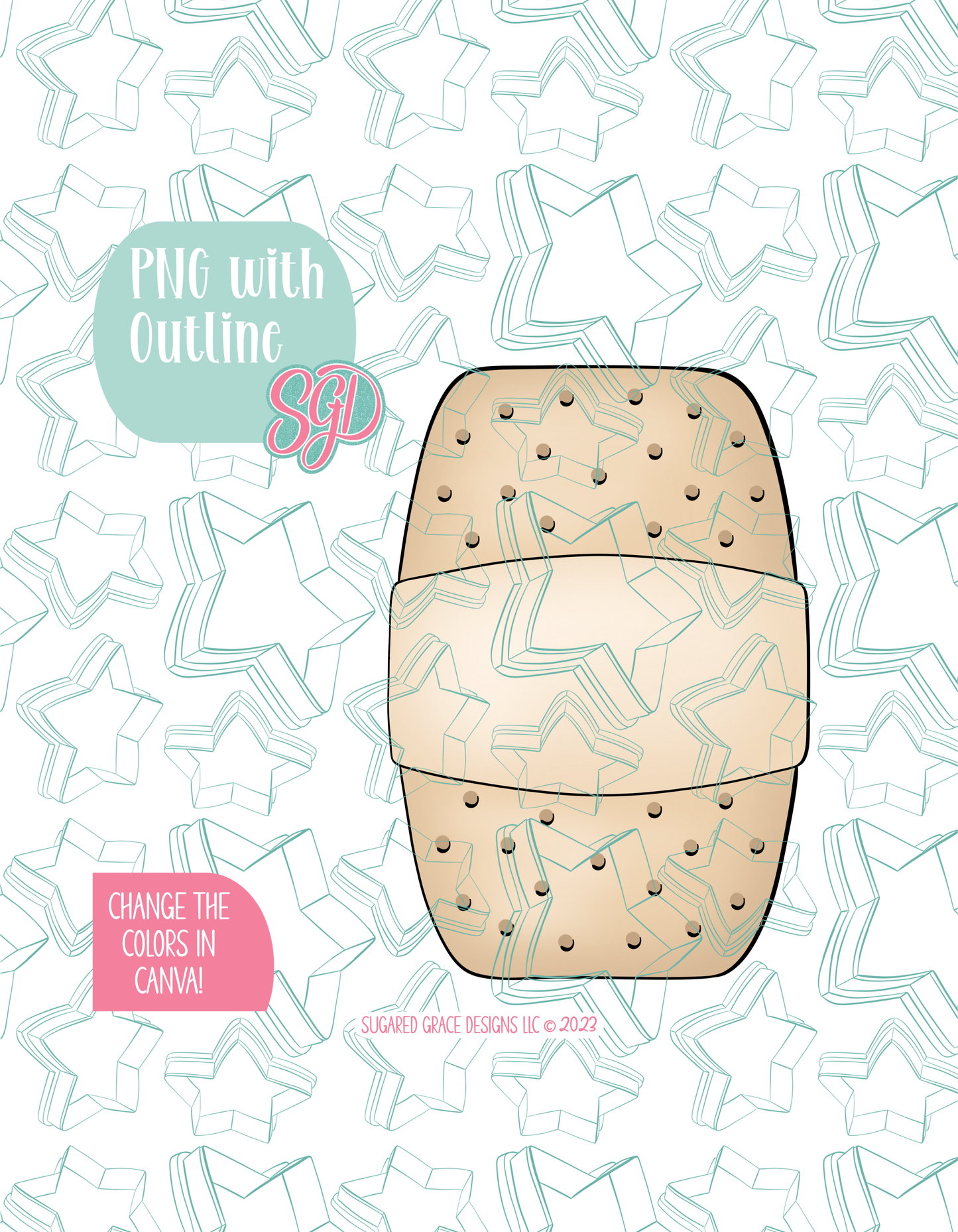 Full color illustrated bandaid, shown with a black outline on a background watermarked with Sugared Grace Designs’ teal star pattern