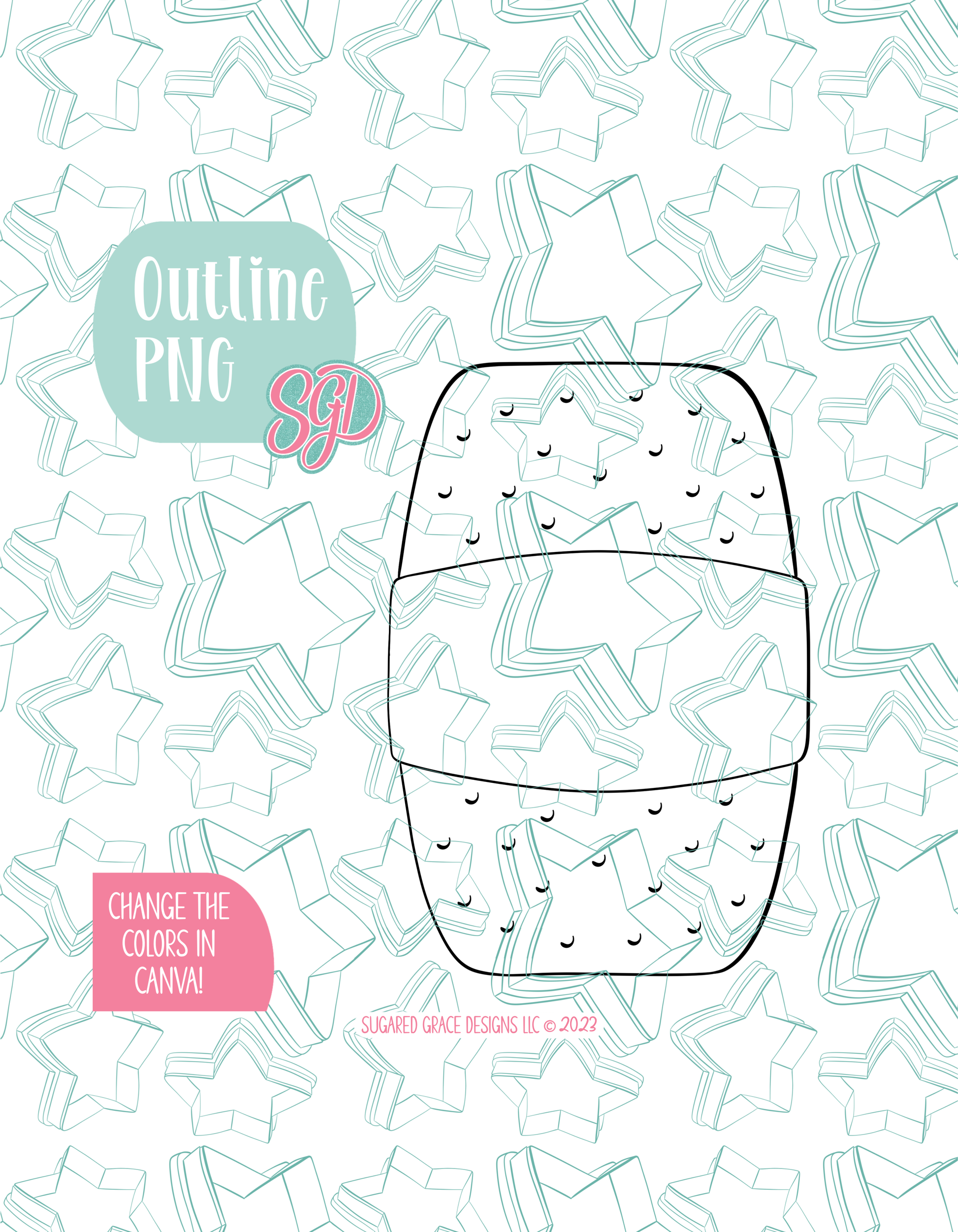 Black line outline drawing of the bandaid, displayed on a background watermarked with Sugared Grace Designs’ teal star pattern