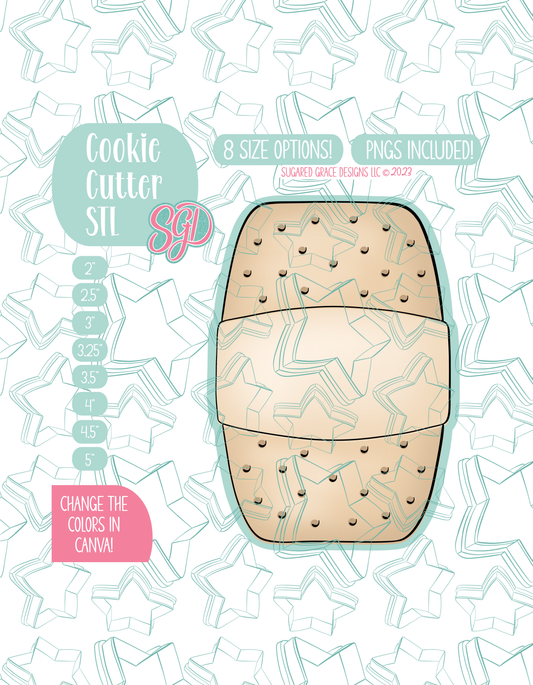 Illustrated bandaid, displayed on a background watermarked with a teal star pattern representing Sugared Grace Design’s brand. Text explains that the listing includes a bandaid STL cookie cutter in multiple sizes plus editable PNG files.