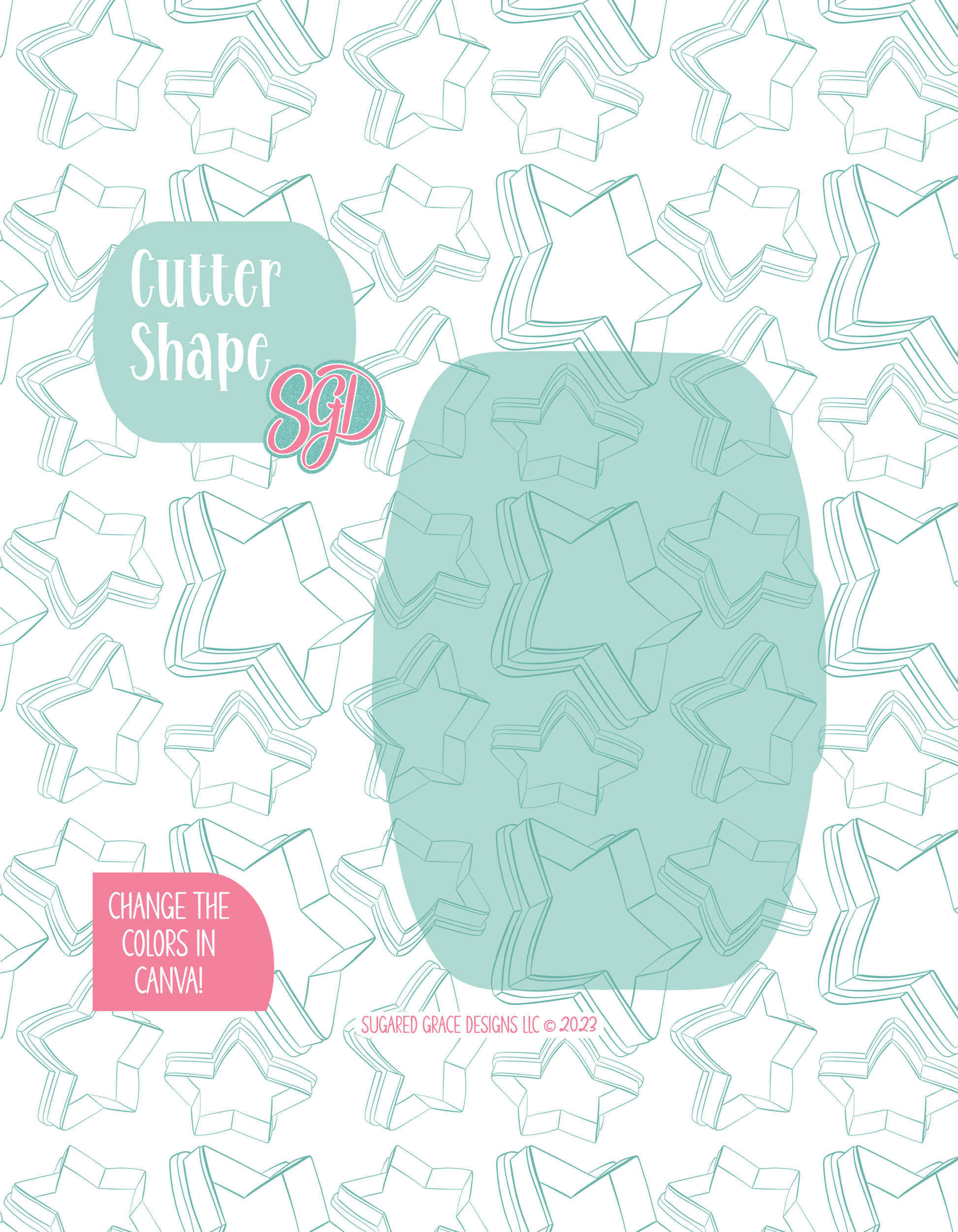 Solid teal silhouette showing the exact outer shape of the bandaid cookie cutter, displayed on a background watermarked with Sugared Grace Design’s teal star pattern