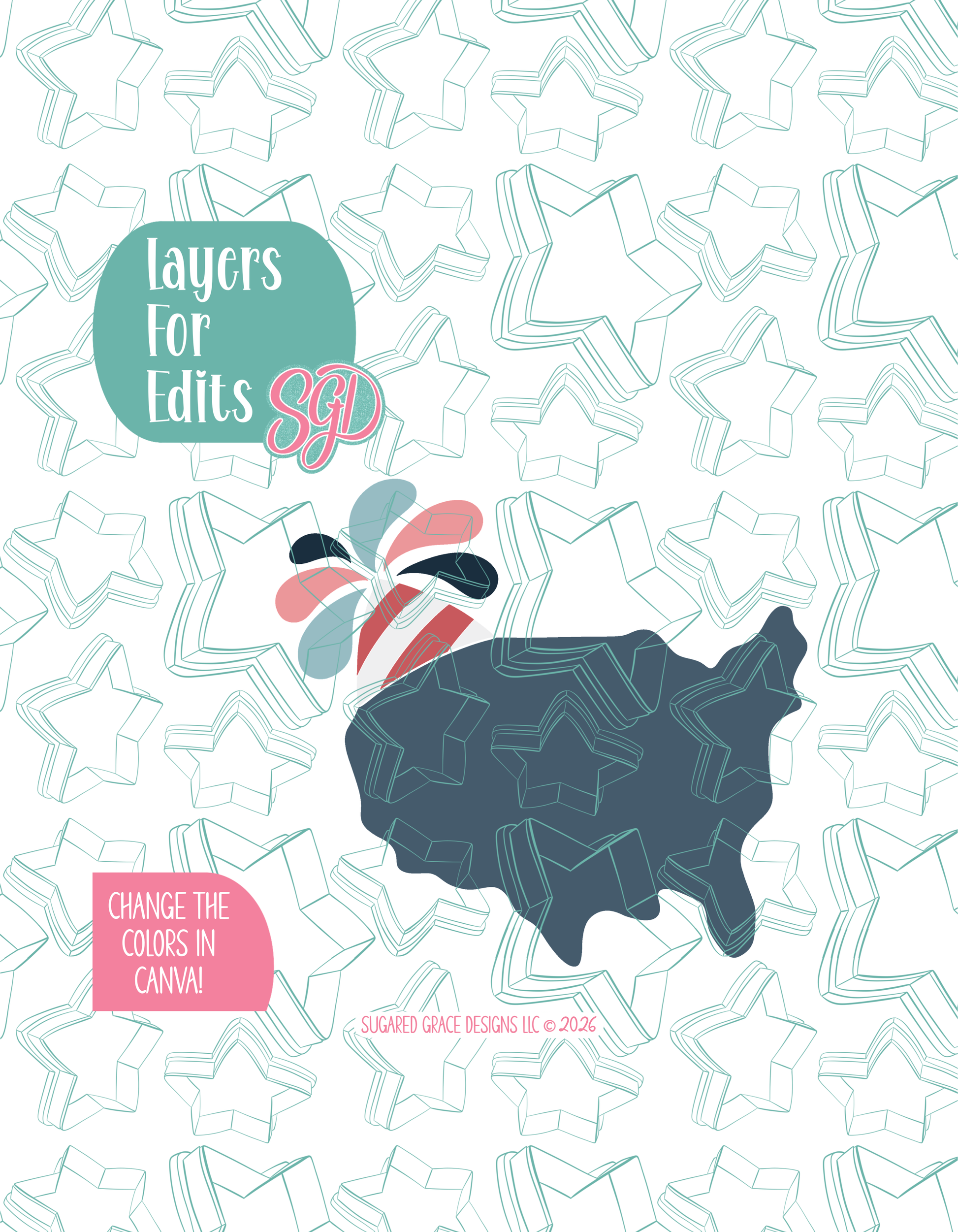 Colored layer breakdown of the Birthday USA showing each section in a different color, with every color representing a separate editable layer in Canva. Displayed on a background watermarked with Sugared Grace Designs’ teal star pattern