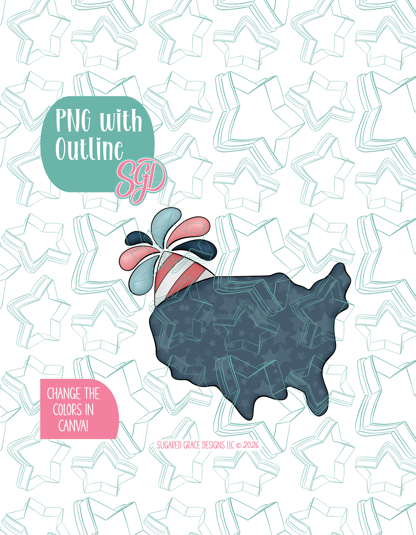 Full color illustrated Birthday USA, shown with a black outline on a background watermarked with Sugared Grace Designs’ teal star pattern