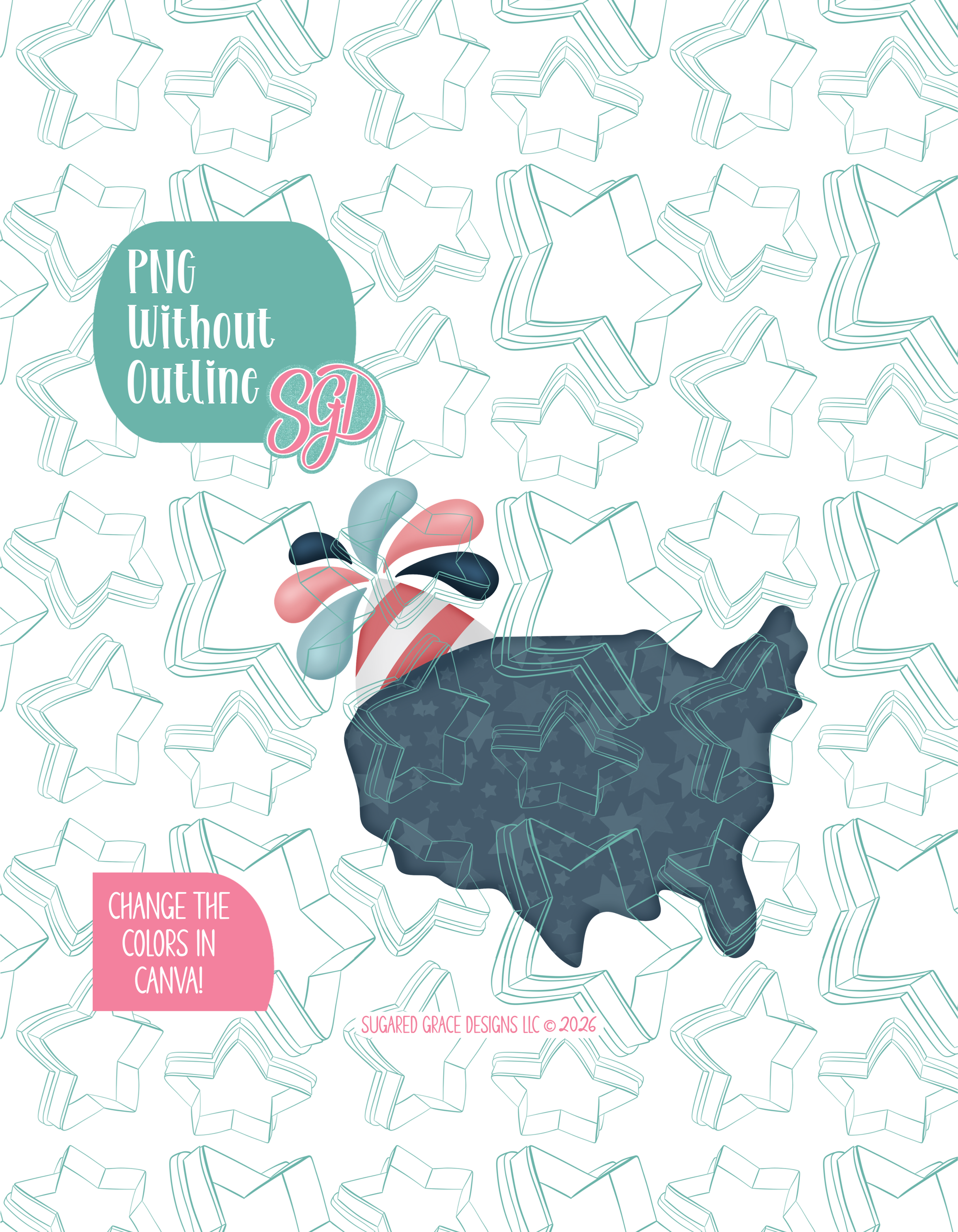 Full color version of the illustrated Birthday USA, shown without black outlines on a background watermarked with Sugared Grace Designs’ tag star pattern