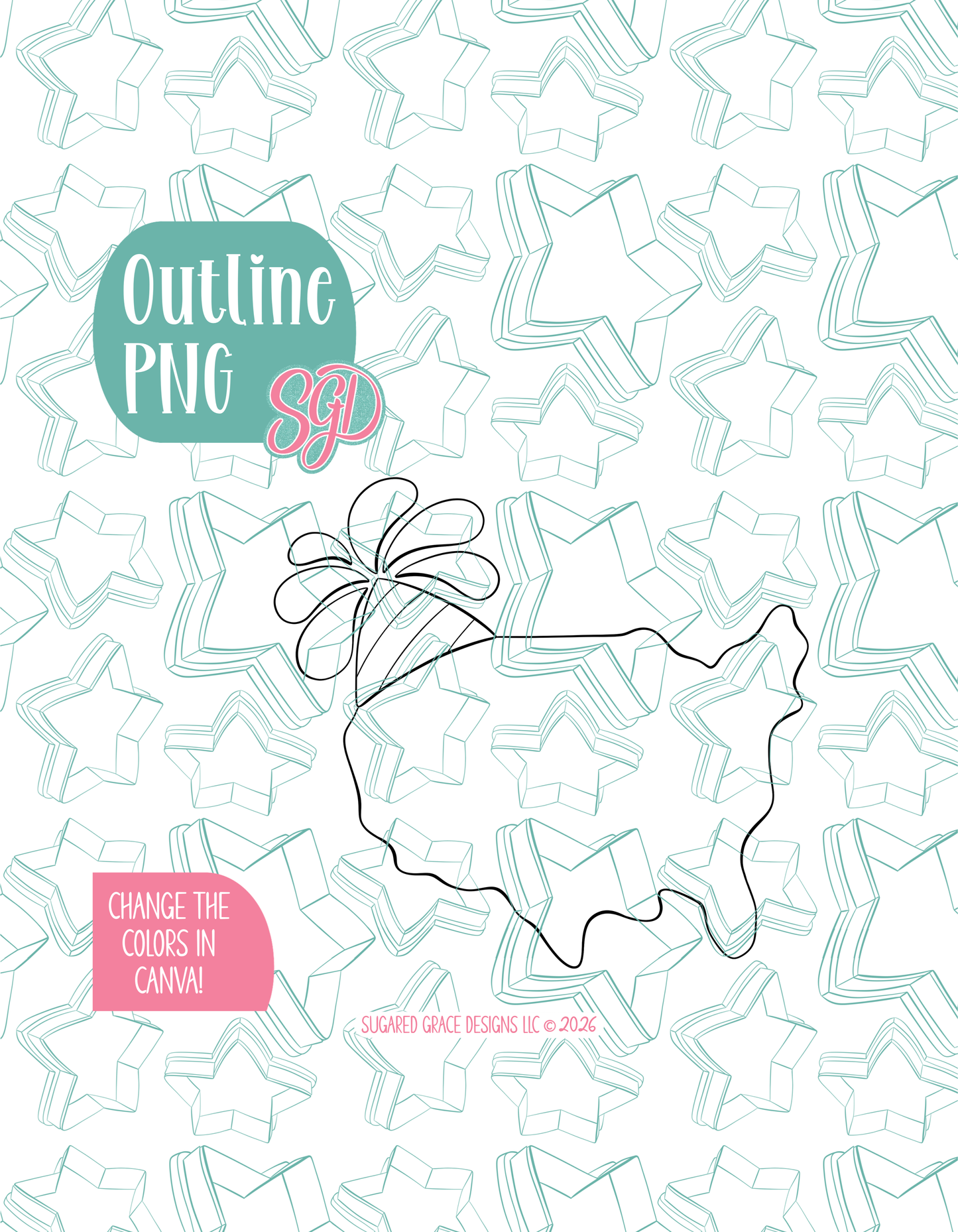 Black line outline drawing of the Birthday USA, displayed on a background watermarked with Sugared Grace Designs’ teal star pattern