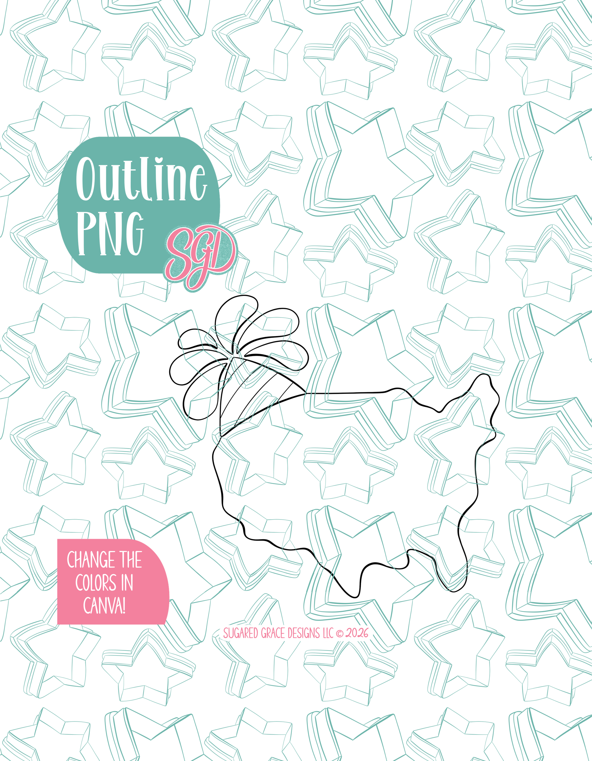 Black line outline drawing of the Birthday USA, displayed on a background watermarked with Sugared Grace Designs’ teal star pattern