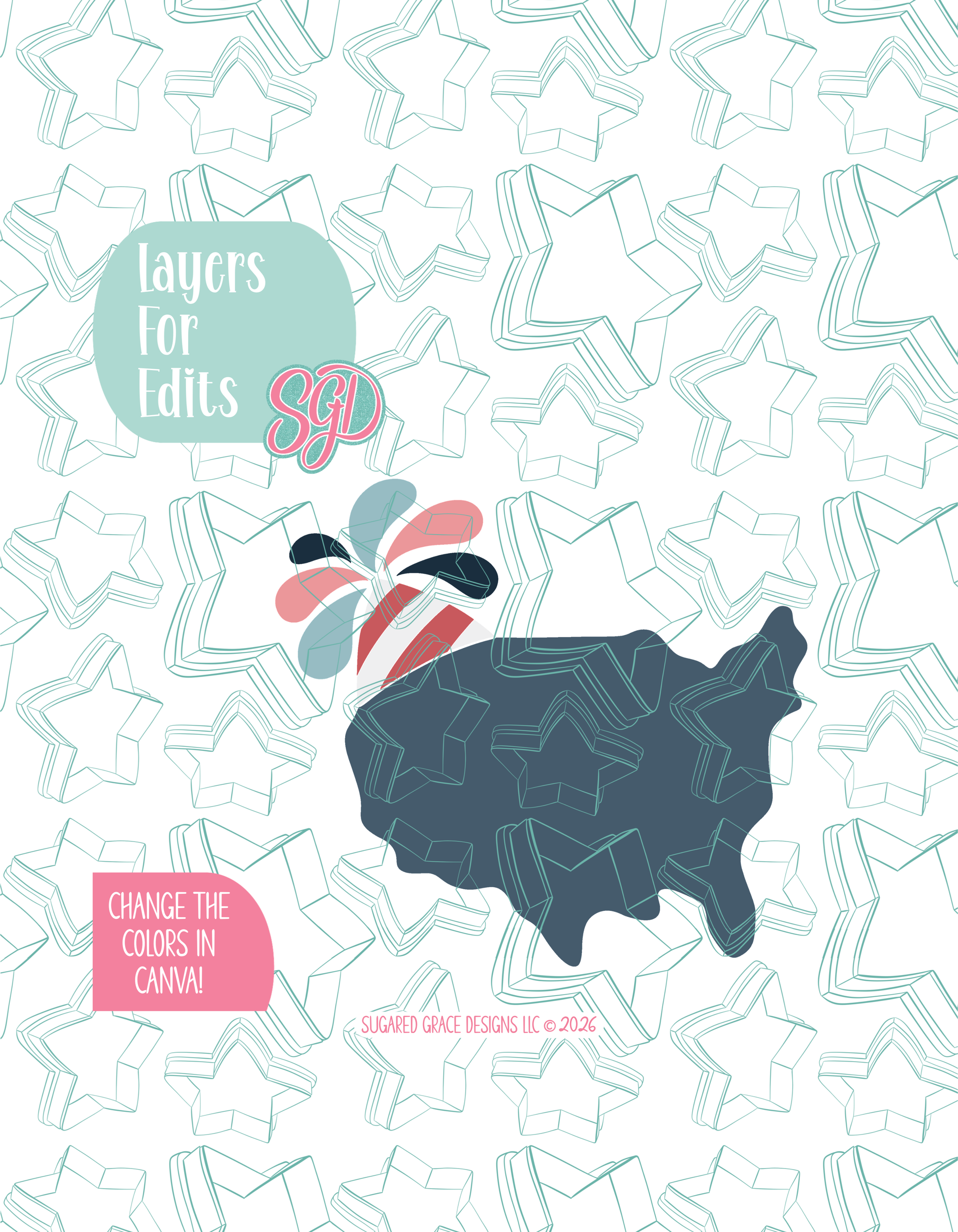 Colored layer breakdown of the Birthday USA showing each section in a different color, with every color representing a separate editable layer in Canva. Displayed on a background watermarked with Sugared Grace Designs’ teal star pattern