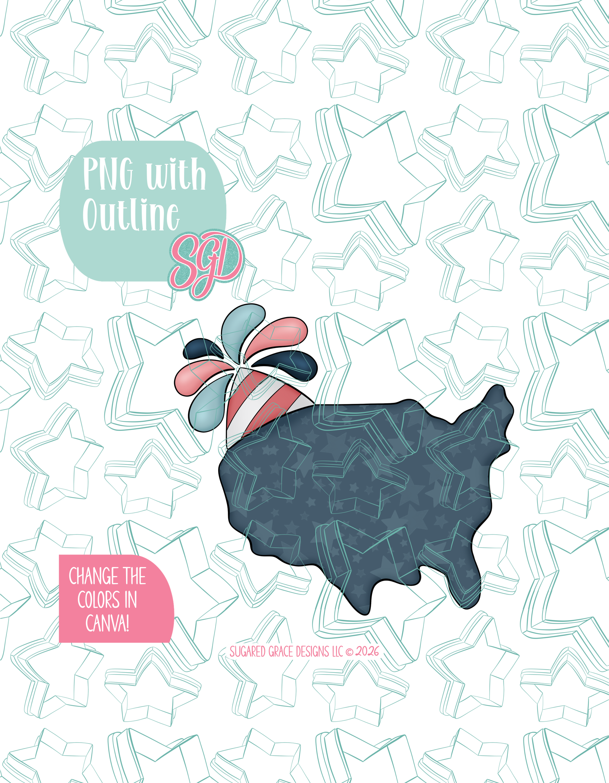 Full color illustrated Birthday USA, shown with a black outline on a background watermarked with Sugared Grace Designs’ teal star pattern