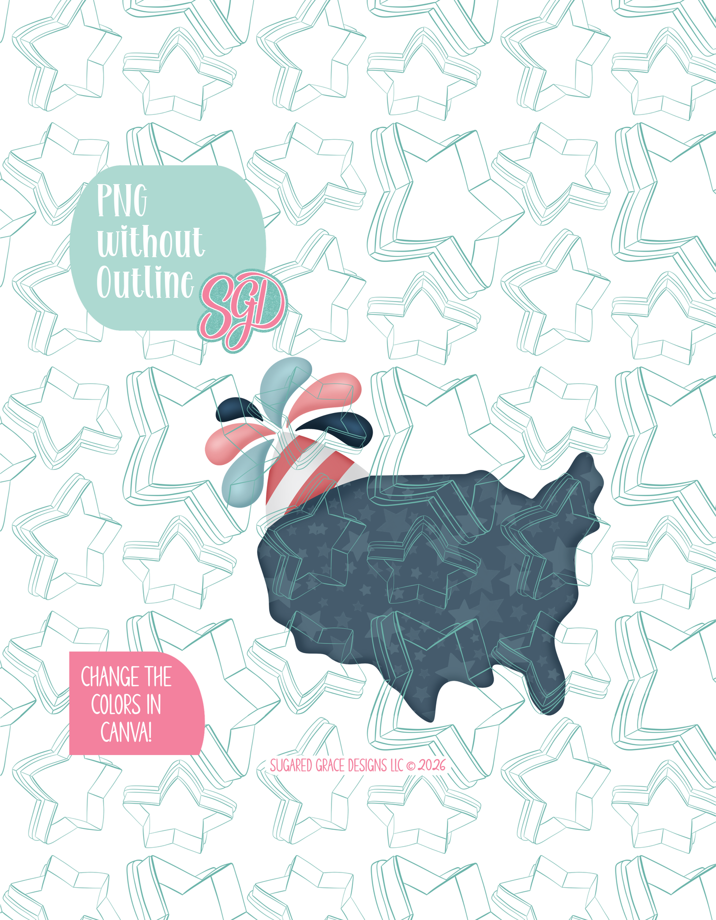 Full color version of the illustrated Birthday USA, shown without black outlines on a background watermarked with Sugared Grace Designs’ tag star pattern