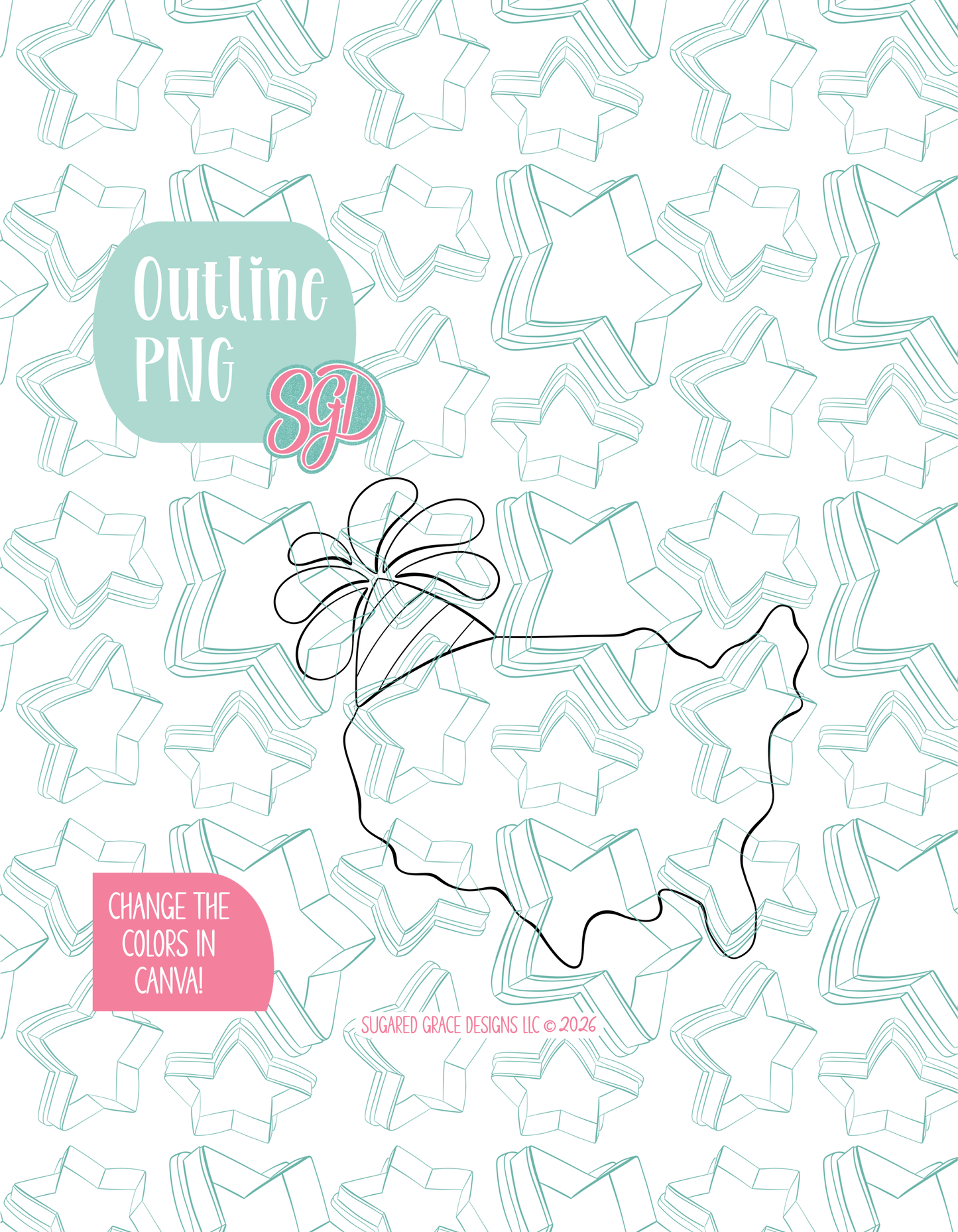 Black line outline drawing of the Birthday USA, displayed on a background watermarked with Sugared Grace Designs’ teal star pattern