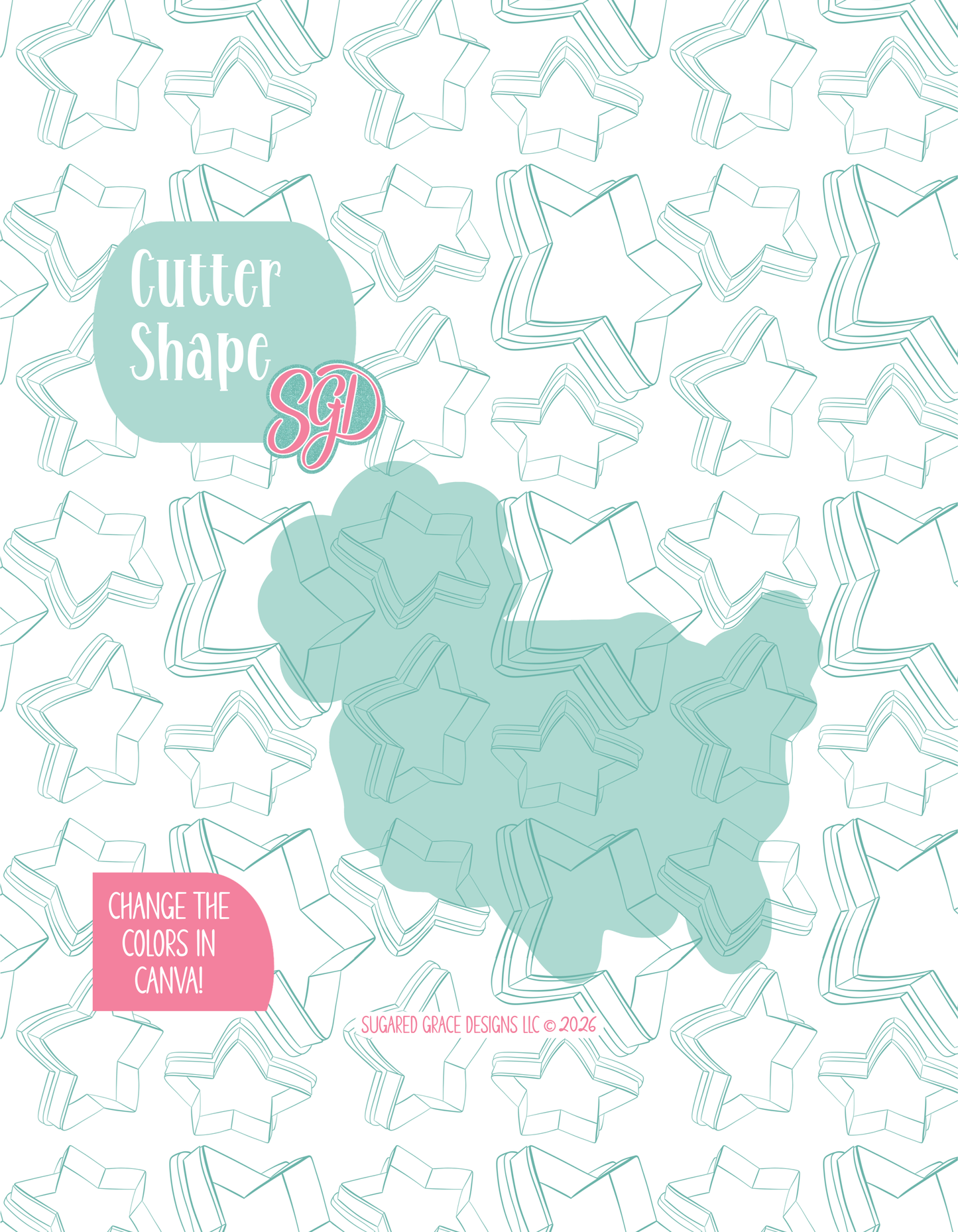 Solid teal silhouette showing the exact outer shape of the Birthday USA cookie cutter, displayed on a background watermarked with Sugared Grace Design’s teal star pattern