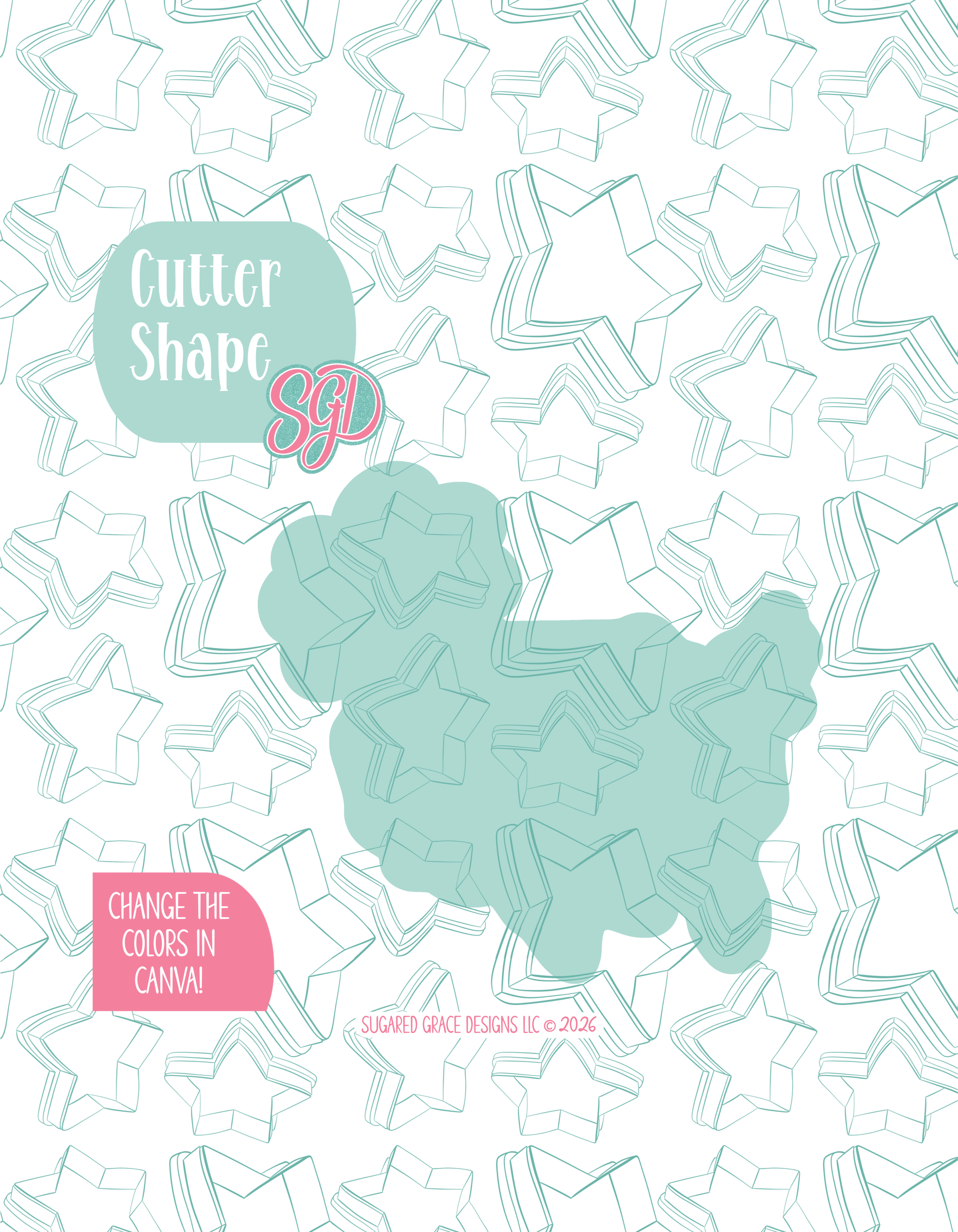 Solid teal silhouette showing the exact outer shape of the Birthday USA cookie cutter, displayed on a background watermarked with Sugared Grace Design’s teal star pattern