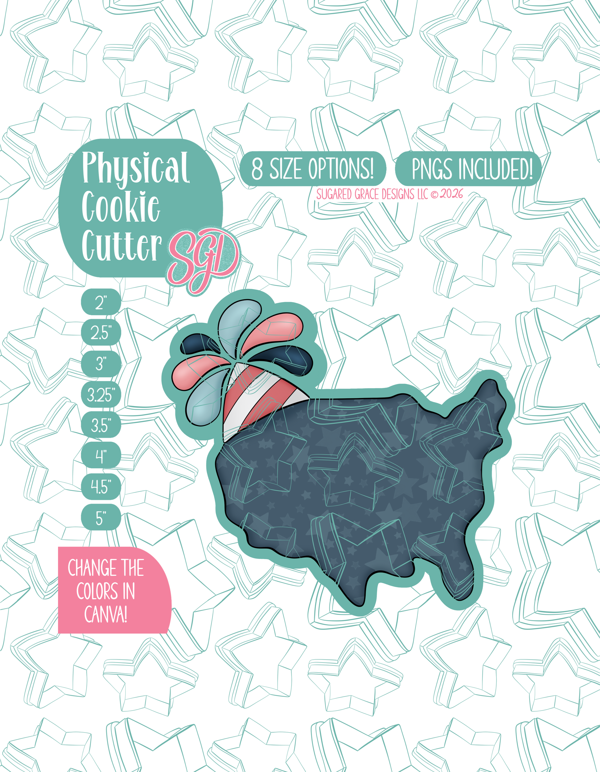 Illustrated USA shape with a party hat sitting on the top left of its metaphorical head, displayed on a background watermarked with a teal star pattern representing Sugared Grace Design’s brand. Text explains that the listing includes a Birthday USA STL cookie cutter in multiple sizes plus editable PNG files.