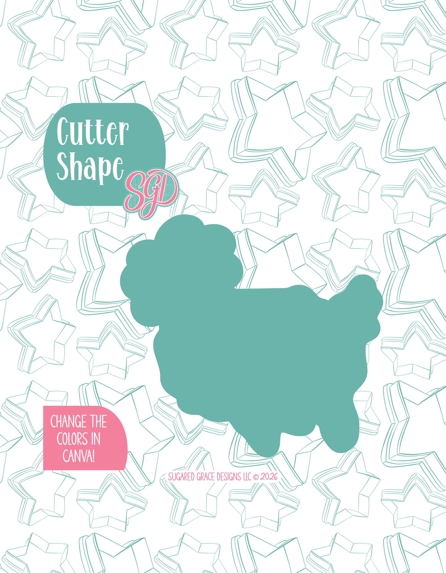 Solid teal silhouette showing the exact outer shape of the Birthday USA cookie cutter, displayed on a background watermarked with Sugared Grace Design’s teal star pattern
