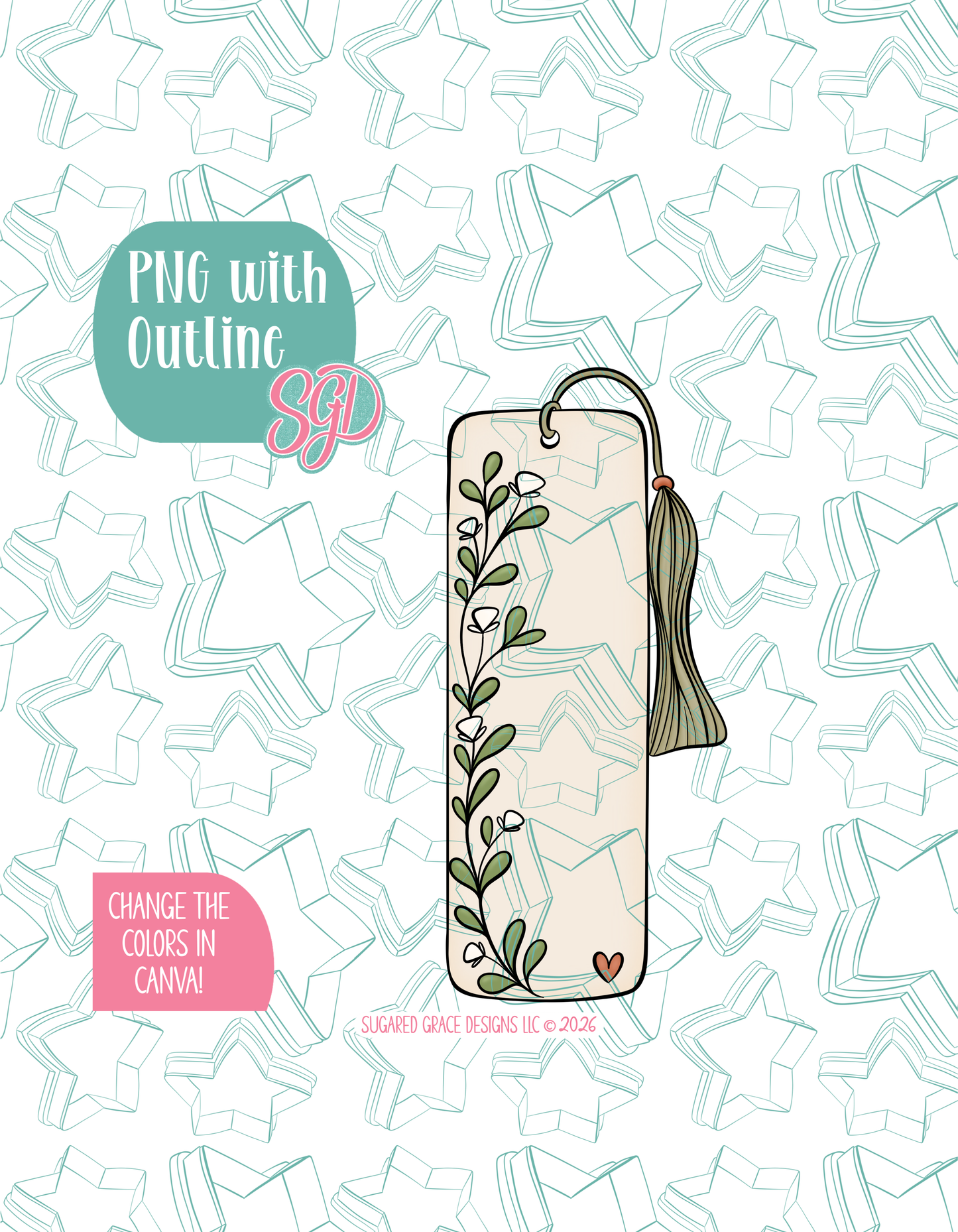 Full color illustrated bookmark, shown with a black outline on a background watermarked with Sugared Grace Designs’ teal star pattern