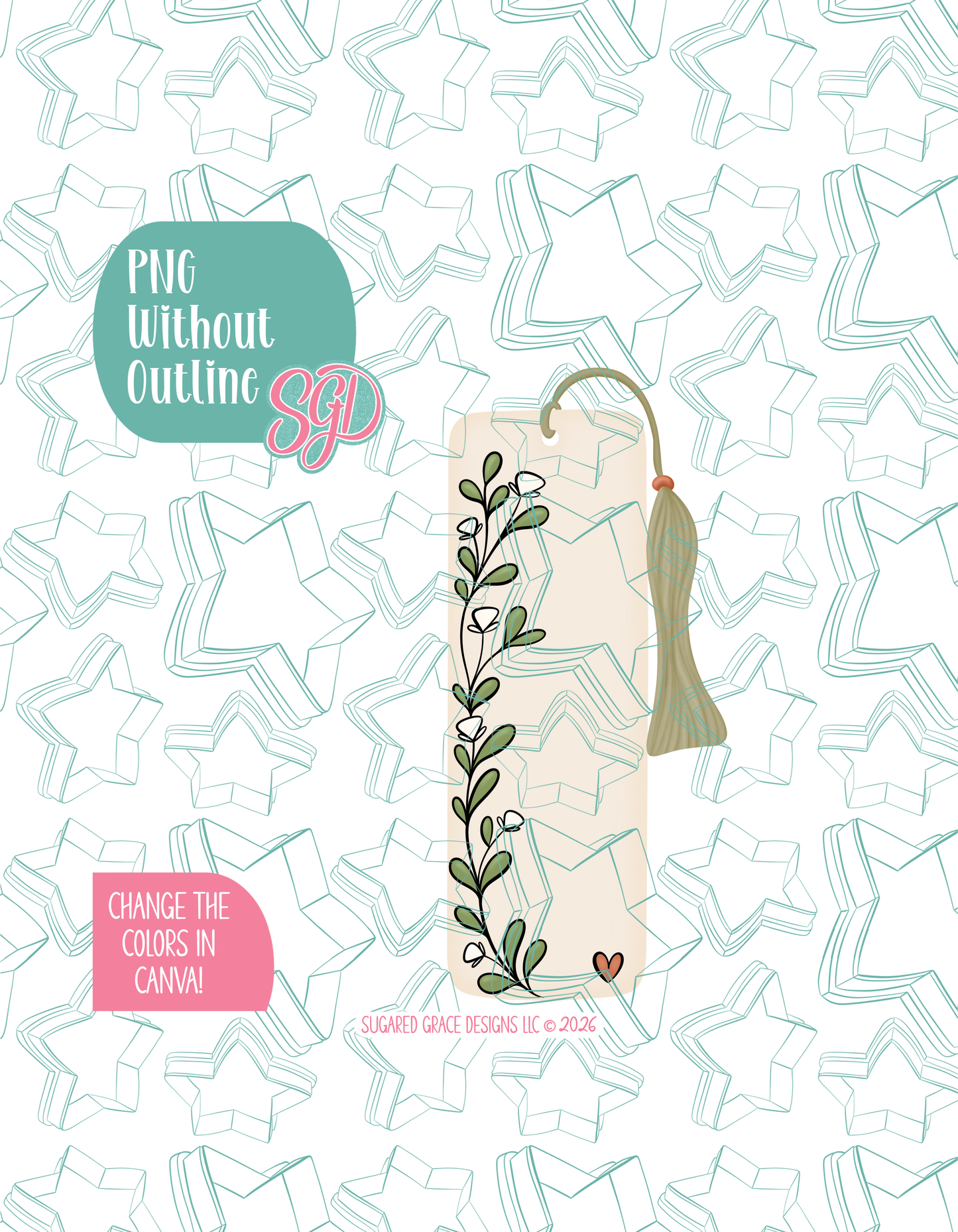 Full color version of the illustrated bookmark, shown without black outlines on a background watermarked with Sugared Grace Designs’ tag star pattern