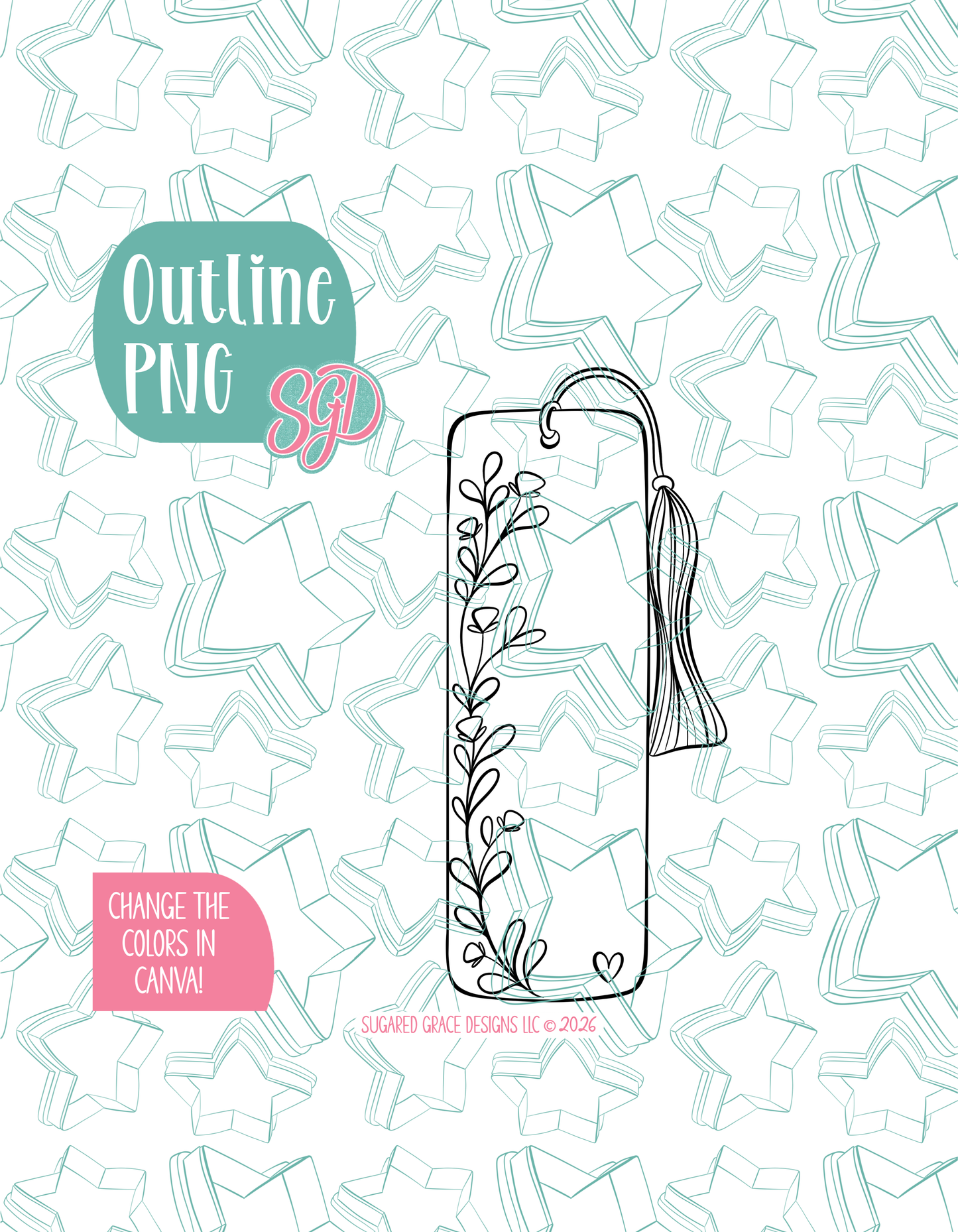 Black line outline drawing of the bookmark], displayed on a background watermarked with Sugared Grace Designs’ teal star pattern