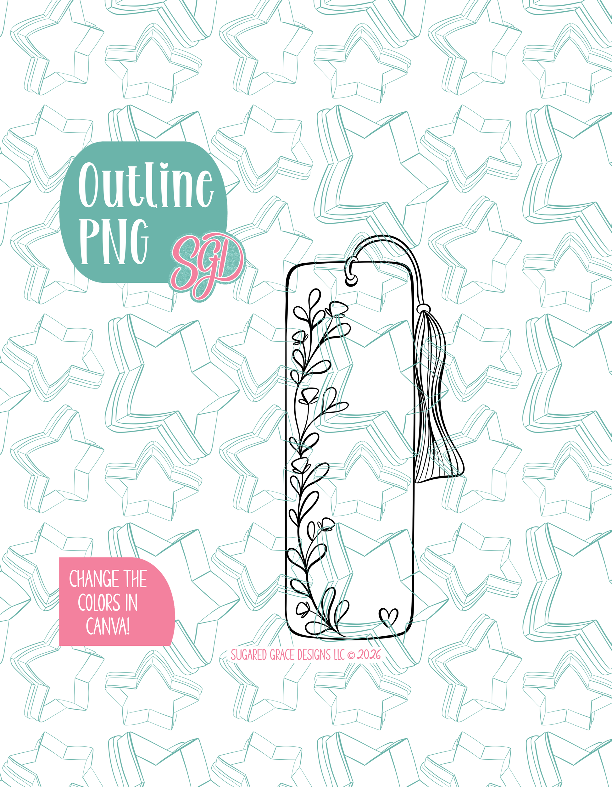Black line outline drawing of the bookmark], displayed on a background watermarked with Sugared Grace Designs’ teal star pattern
