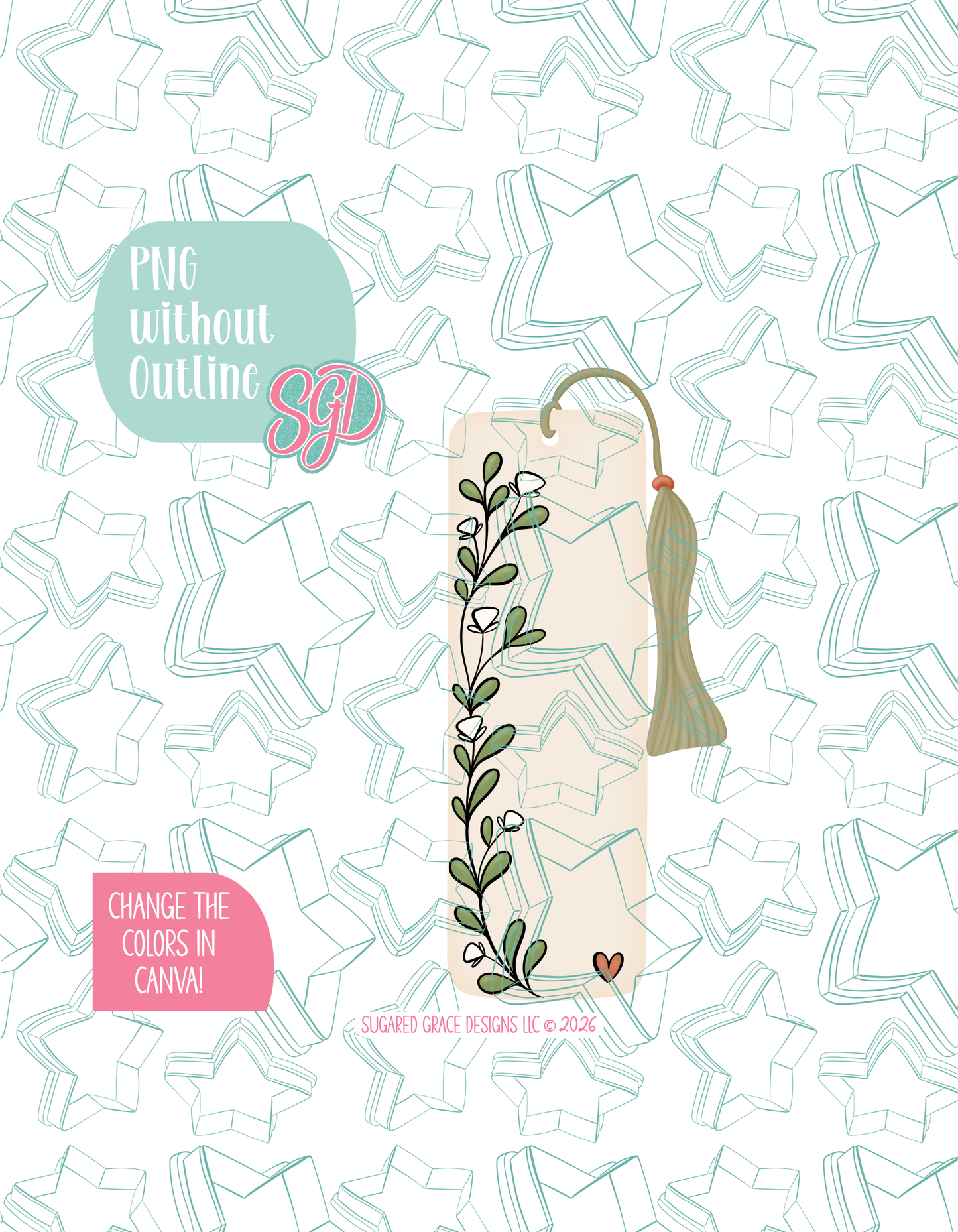 Full color version of the illustrated bookmark, shown without black outlines on a background watermarked with Sugared Grace Designs’ tag star pattern
