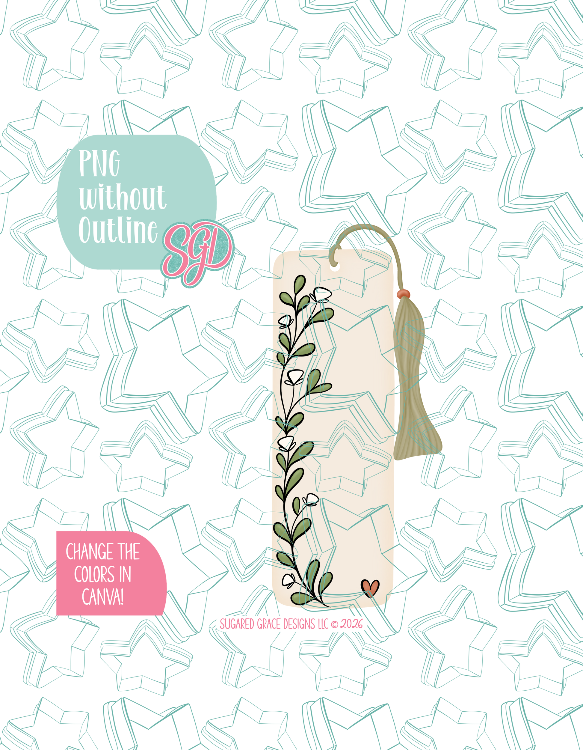 Full color version of the illustrated bookmark, shown without black outlines on a background watermarked with Sugared Grace Designs’ tag star pattern
