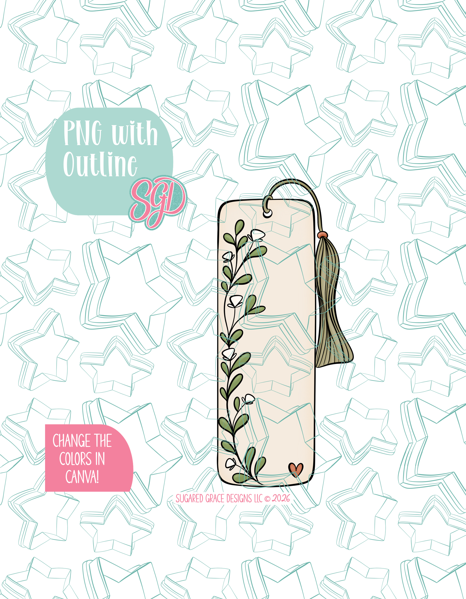 Full color illustrated bookmark, shown with a black outline on a background watermarked with Sugared Grace Designs’ teal star pattern