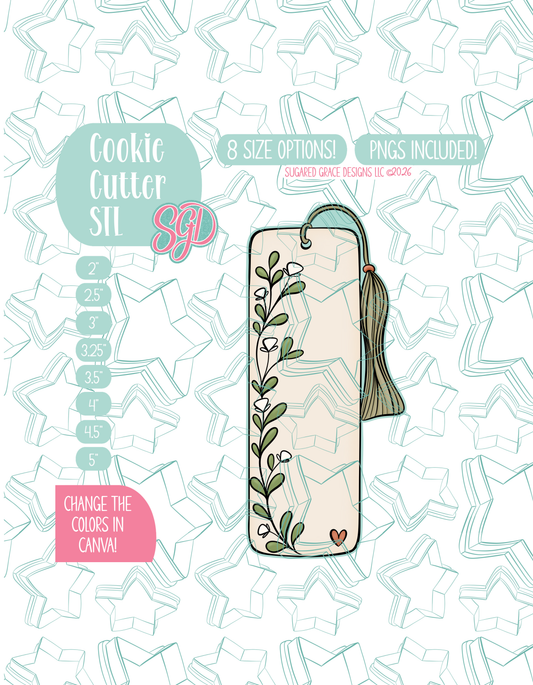 Illustrated bookmark with a floral design and flowing tassel, displayed on a background watermarked with a teal star pattern representing Sugared Grace Design’s brand. Text explains that the listing includes the bookmark STL cookie cutter in multiple sizes plus editable PNG files.