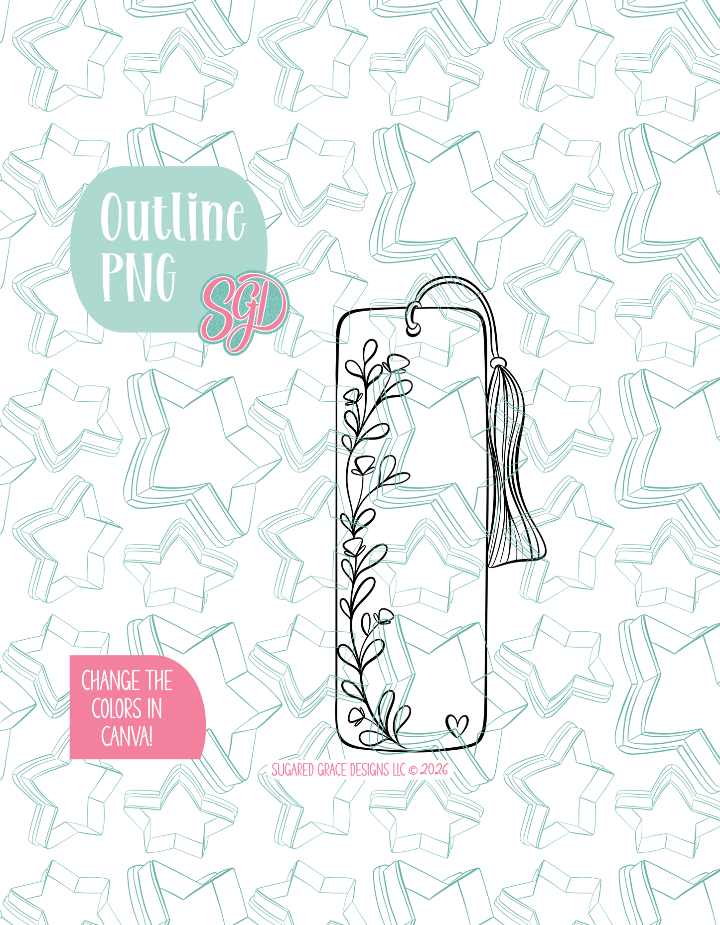 Black line outline drawing of the bookmark], displayed on a background watermarked with Sugared Grace Designs’ teal star pattern