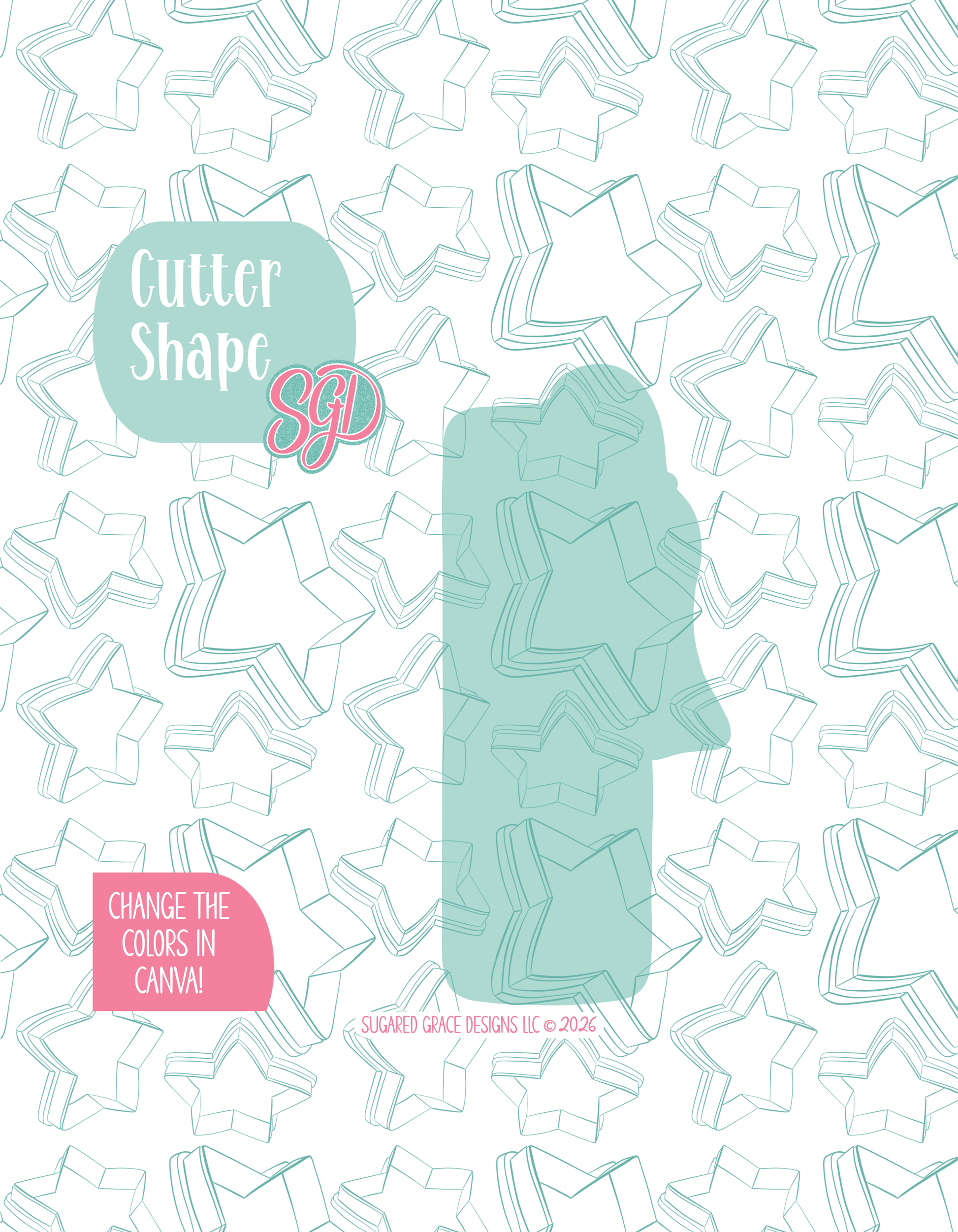Solid teal silhouette showing the exact outer shape of the bookmark cookie cutter, displayed on a background watermarked with Sugared Grace Design’s teal star pattern