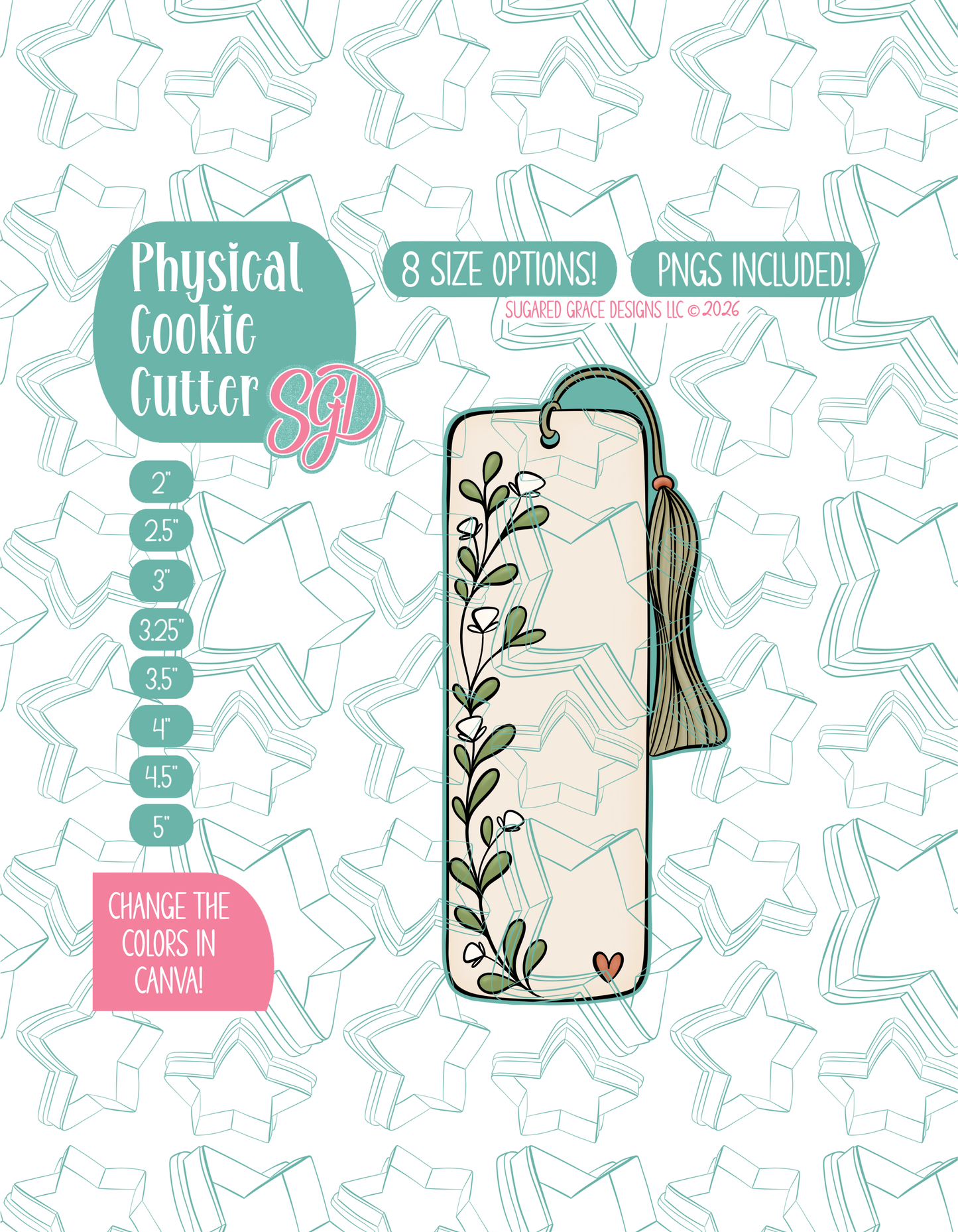 Solid teal silhouette showing the exact outer shape of the bookmark cookie cutter, displayed on a background watermarked with Sugared Grace Design’s teal star pattern