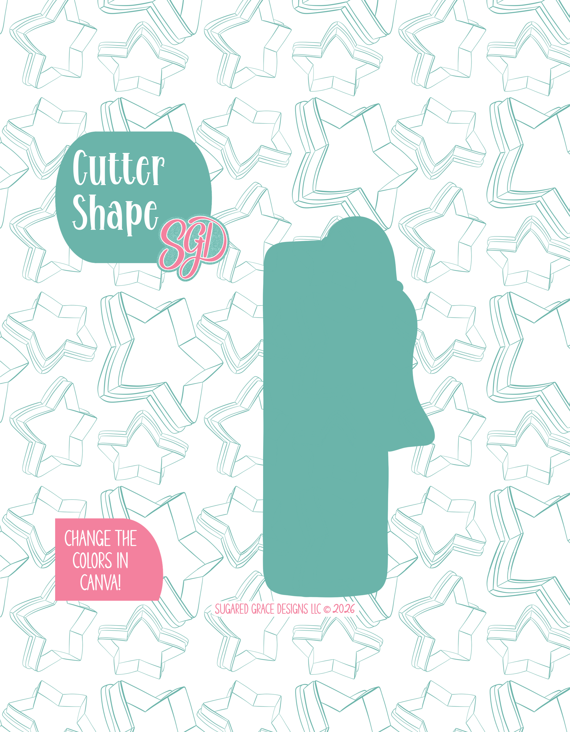 Solid teal silhouette showing the exact outer shape of the bookmark cookie cutter, displayed on a background watermarked with Sugared Grace Design’s teal star pattern